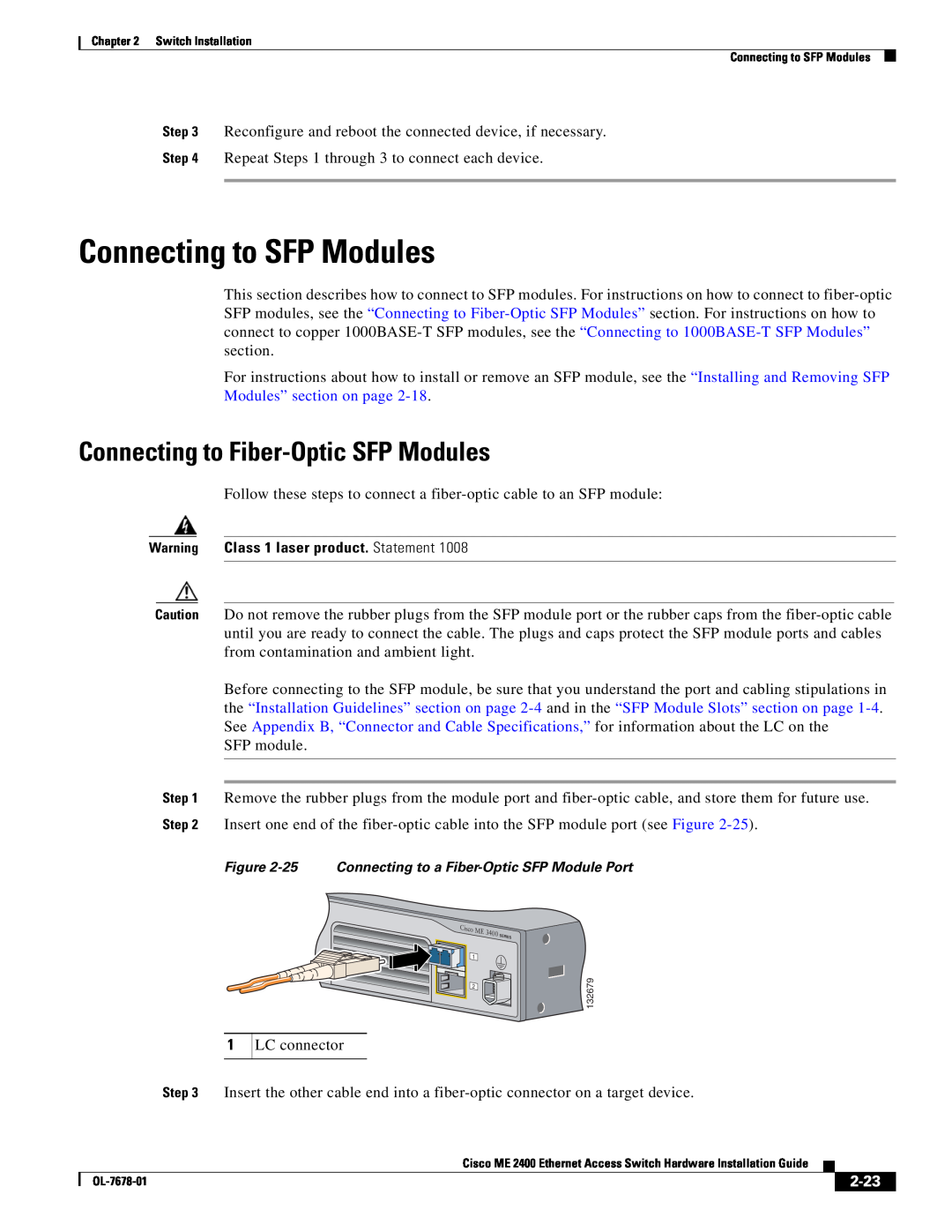 Cisco Systems ME 2400 manual Connecting to SFP Modules, Connecting to Fiber-Optic SFP Modules, 2-23 