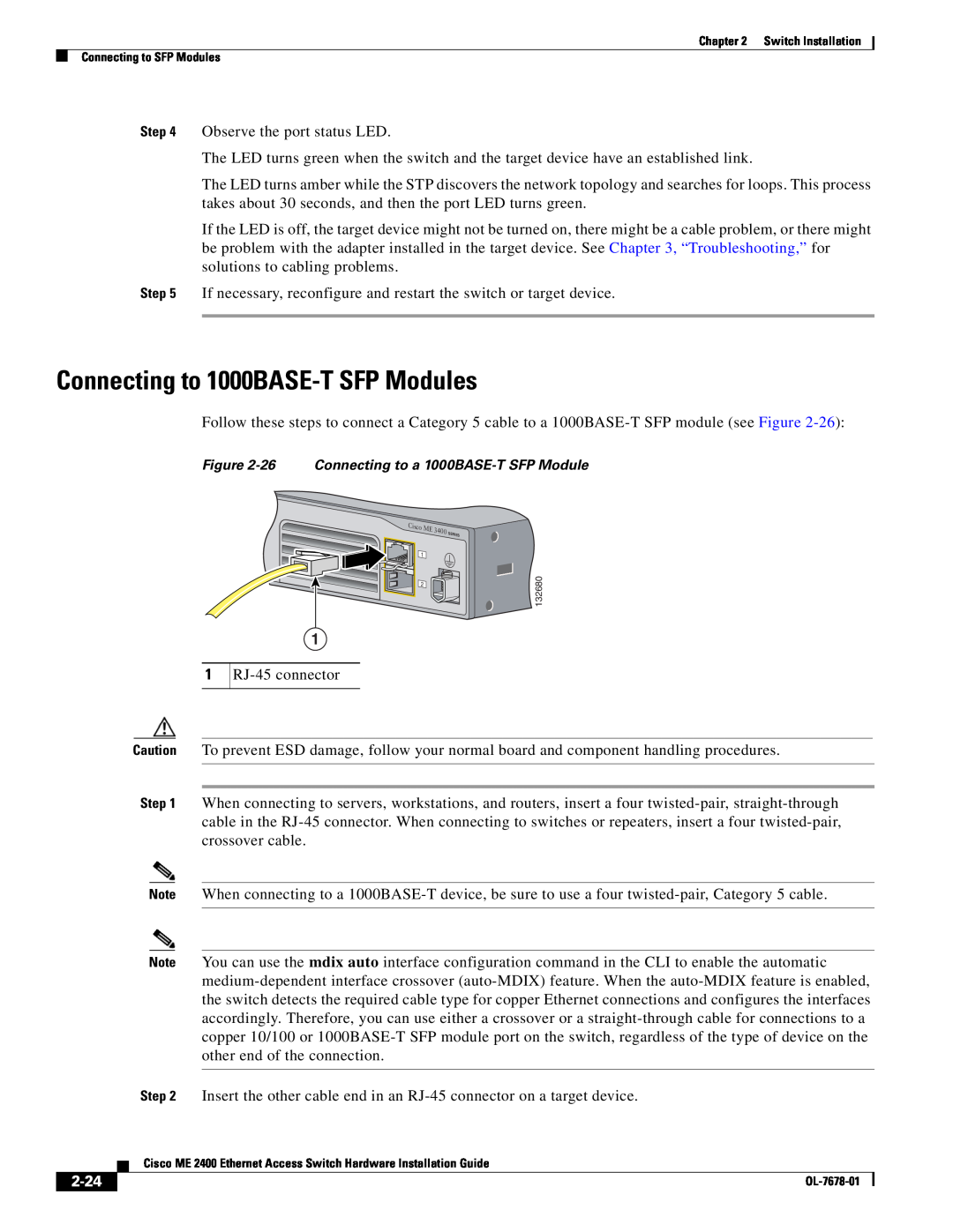 Cisco Systems ME 2400 manual Connecting to 1000BASE-T SFP Modules, 2-24, 26 Connecting to a 1000BASE-T SFP Module 