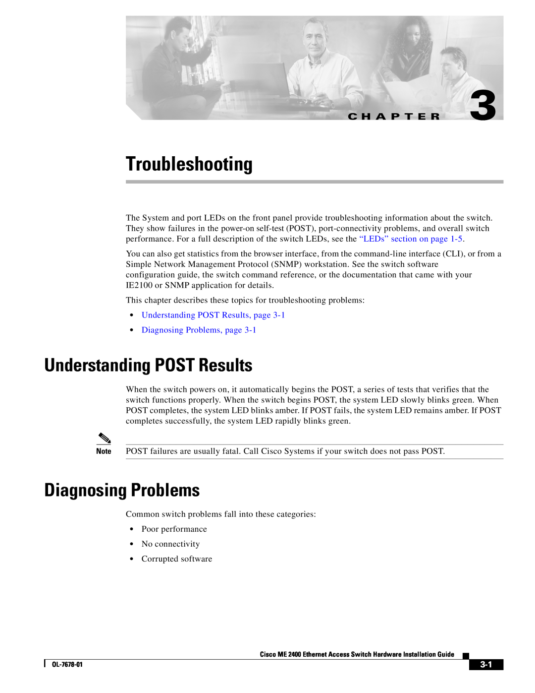 Cisco Systems ME 2400 manual Troubleshooting, Understanding POST Results, Diagnosing Problems, C H A P T E R 