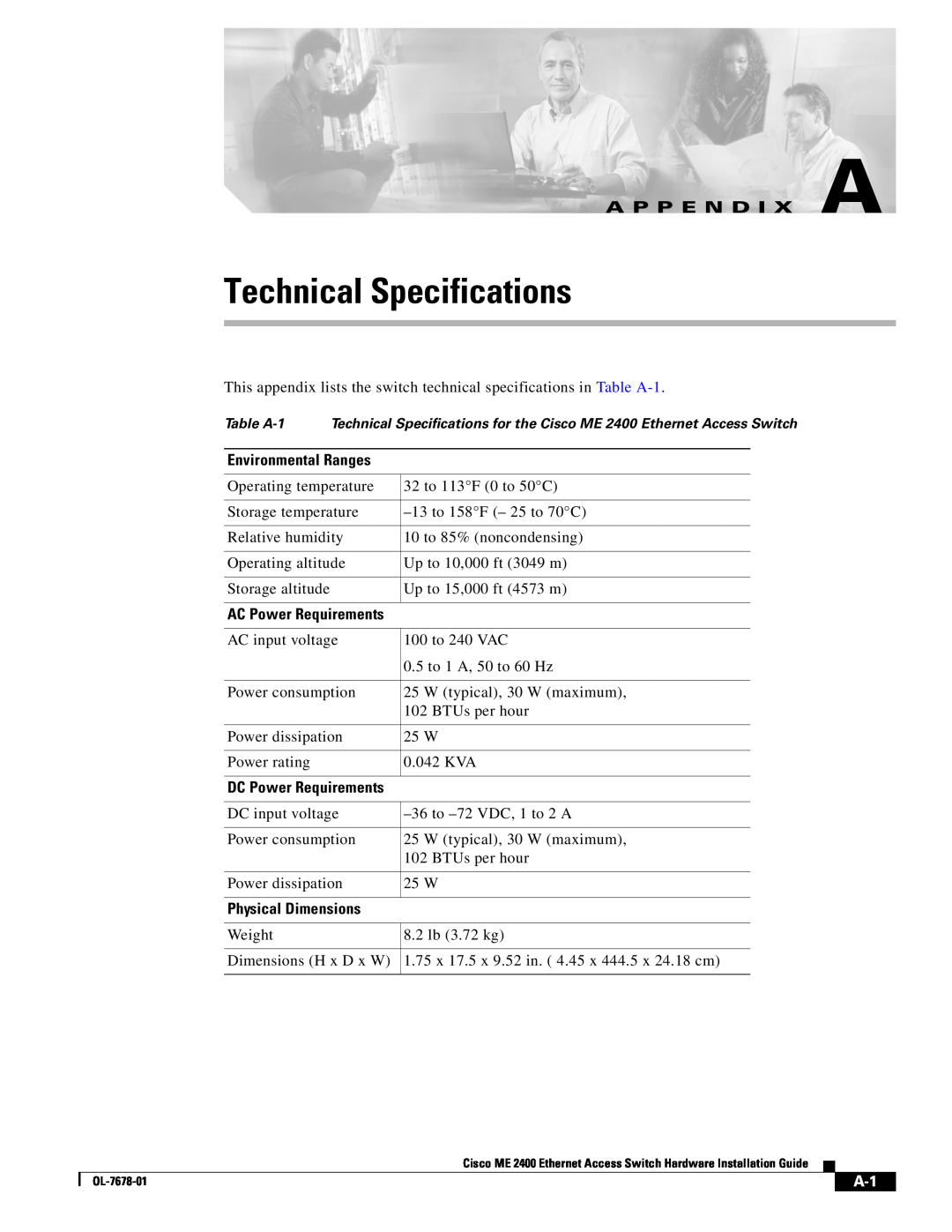 Cisco Systems ME 2400 manual Technical Specifications, A P P E N D I X A 