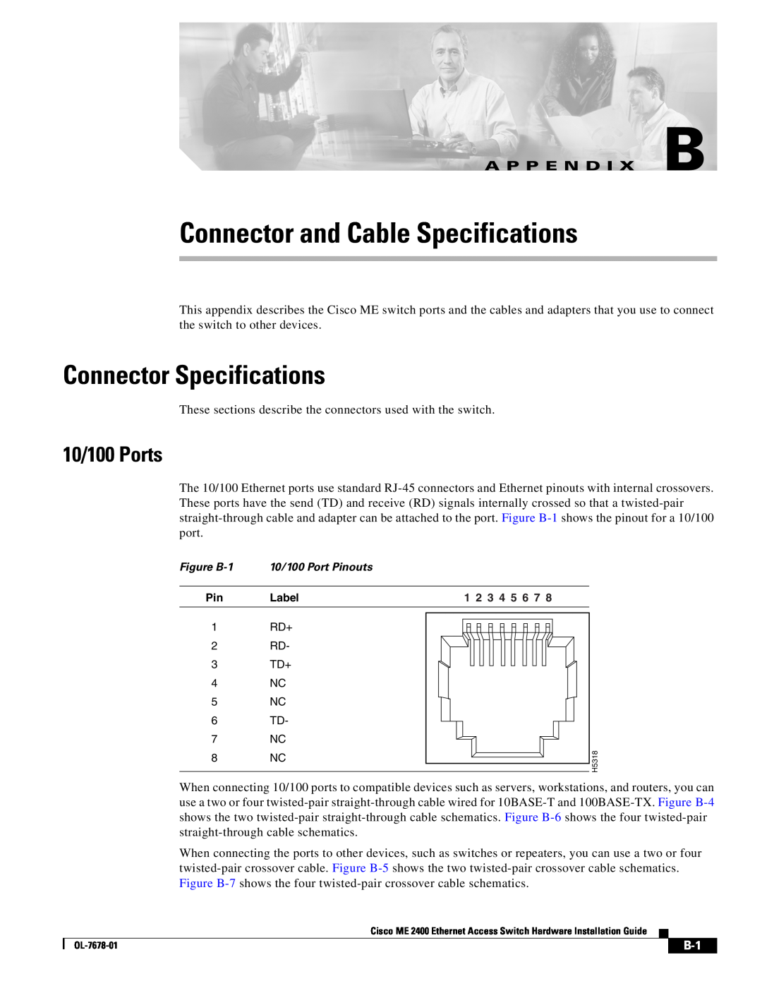 Cisco Systems ME 2400 manual Connector and Cable Specifications, Connector Specifications, A P P E N D I X B, 10/100 Ports 