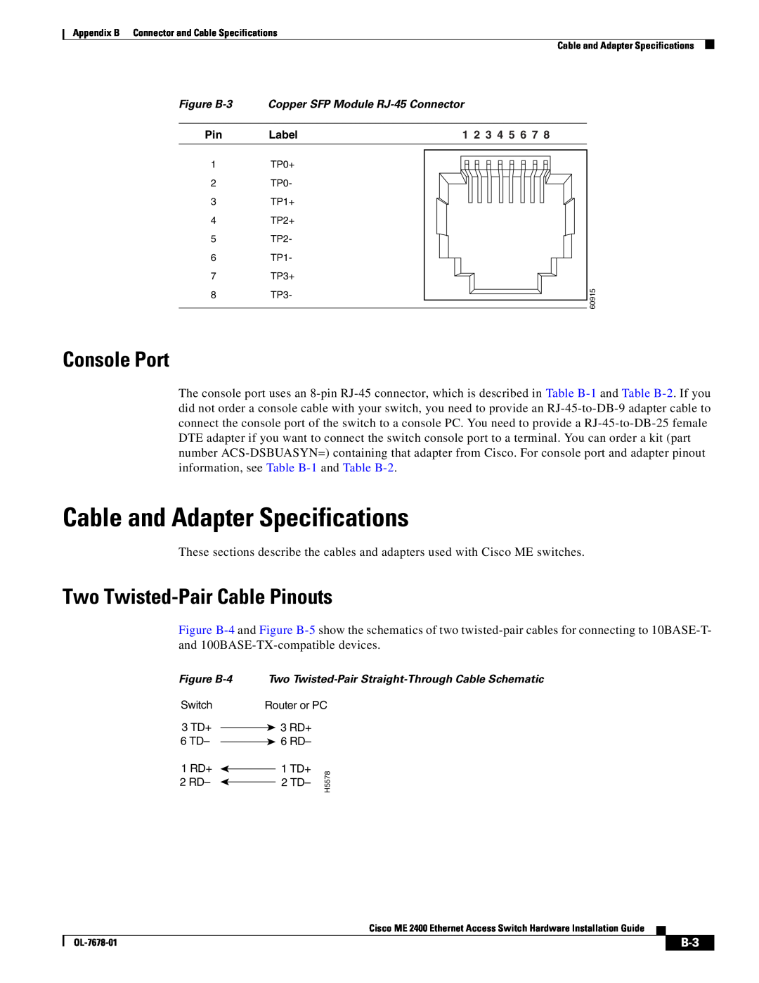 Cisco Systems ME 2400 manual Cable and Adapter Specifications, Two Twisted-Pair Cable Pinouts, Console Port 