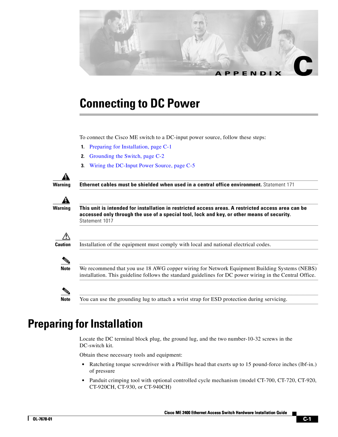 Cisco Systems ME 2400 manual Connecting to DC Power, A P P E N D I X C, Preparing for Installation 