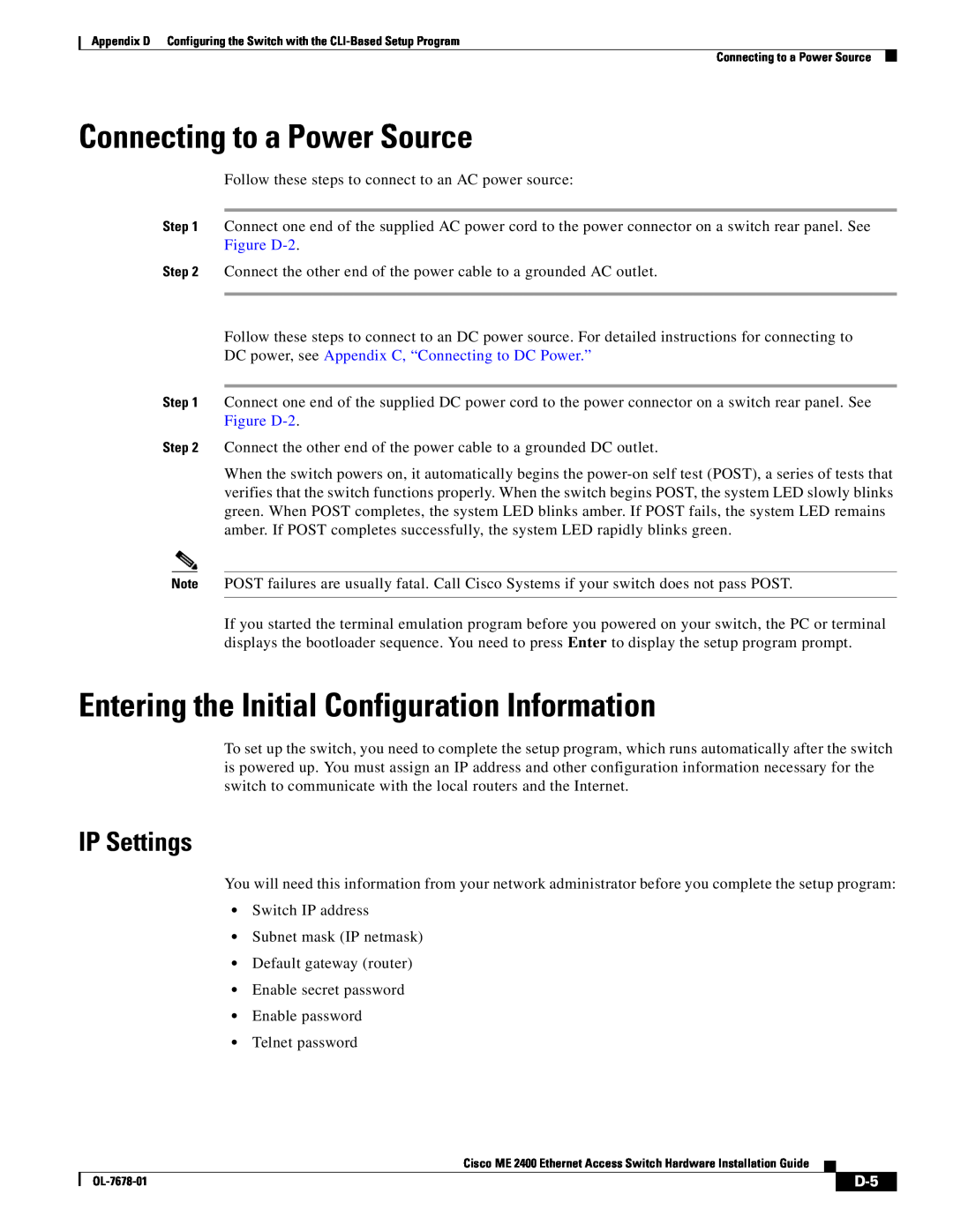 Cisco Systems ME 2400 manual Connecting to a Power Source, Entering the Initial Configuration Information, IP Settings 