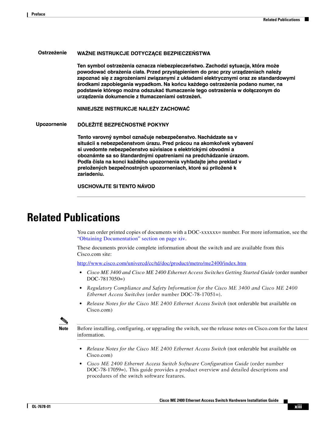 Cisco Systems ME 2400 manual Related Publications, Xiii 