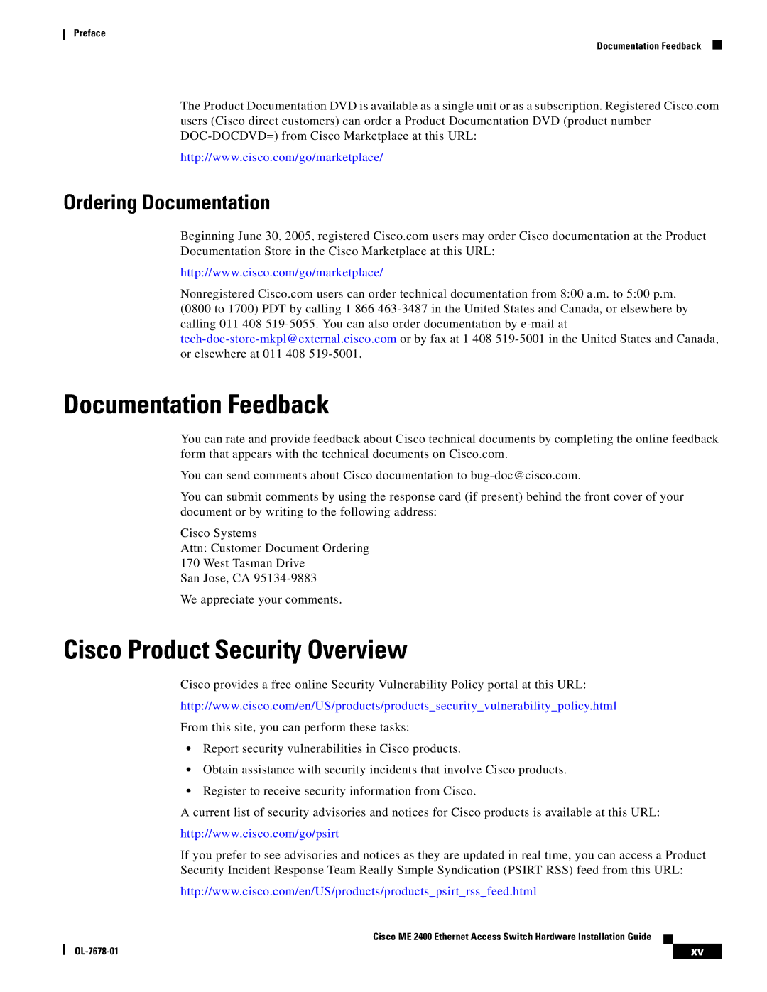 Cisco Systems ME 2400 manual Documentation Feedback, Cisco Product Security Overview, Ordering Documentation 