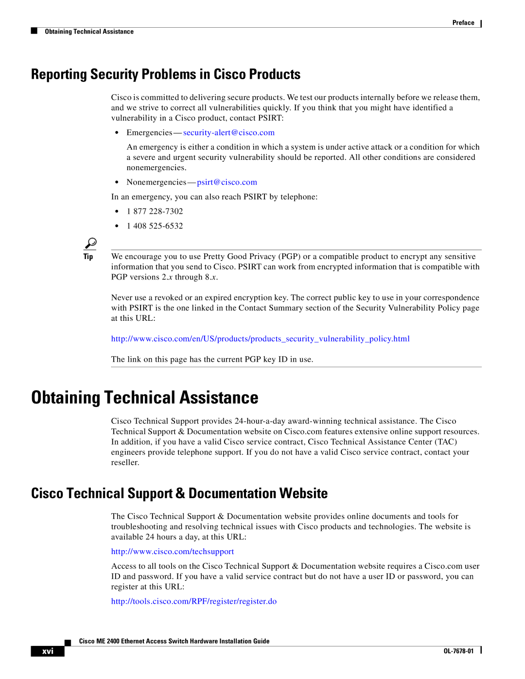 Cisco Systems ME 2400 manual Obtaining Technical Assistance, Reporting Security Problems in Cisco Products 