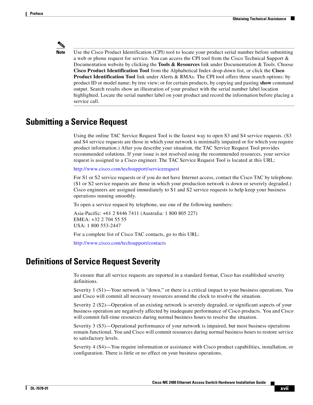 Cisco Systems ME 2400 manual Submitting a Service Request, Definitions of Service Request Severity 