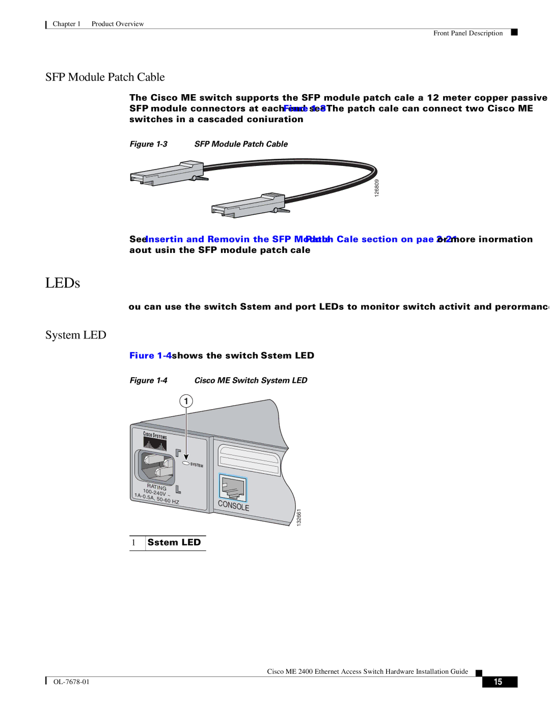 Cisco Systems ME 2400 manual LEDs, SFP Module Patch Cable, System LED 