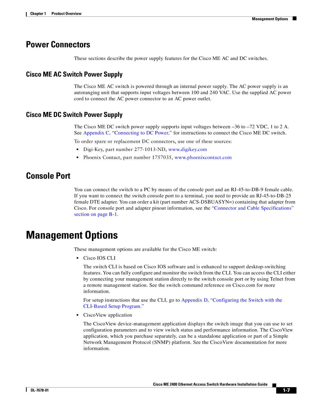 Cisco Systems ME 2400 manual Management Options, Power Connectors, Console Port, Cisco ME AC Switch Power Supply 