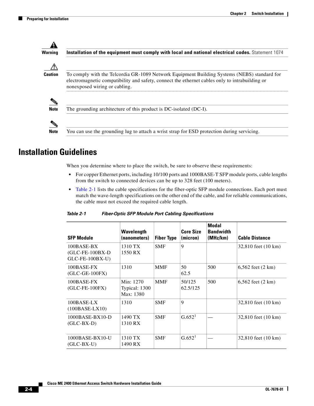 Cisco Systems ME 2400 manual Installation Guidelines, Micron MHz/km Cable Distance 