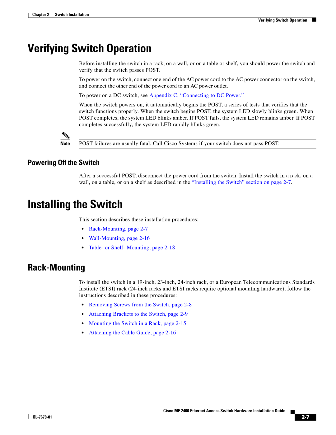 Cisco Systems ME 2400 manual Verifying Switch Operation, Installing the Switch, Rack-Mounting, Powering Off the Switch 