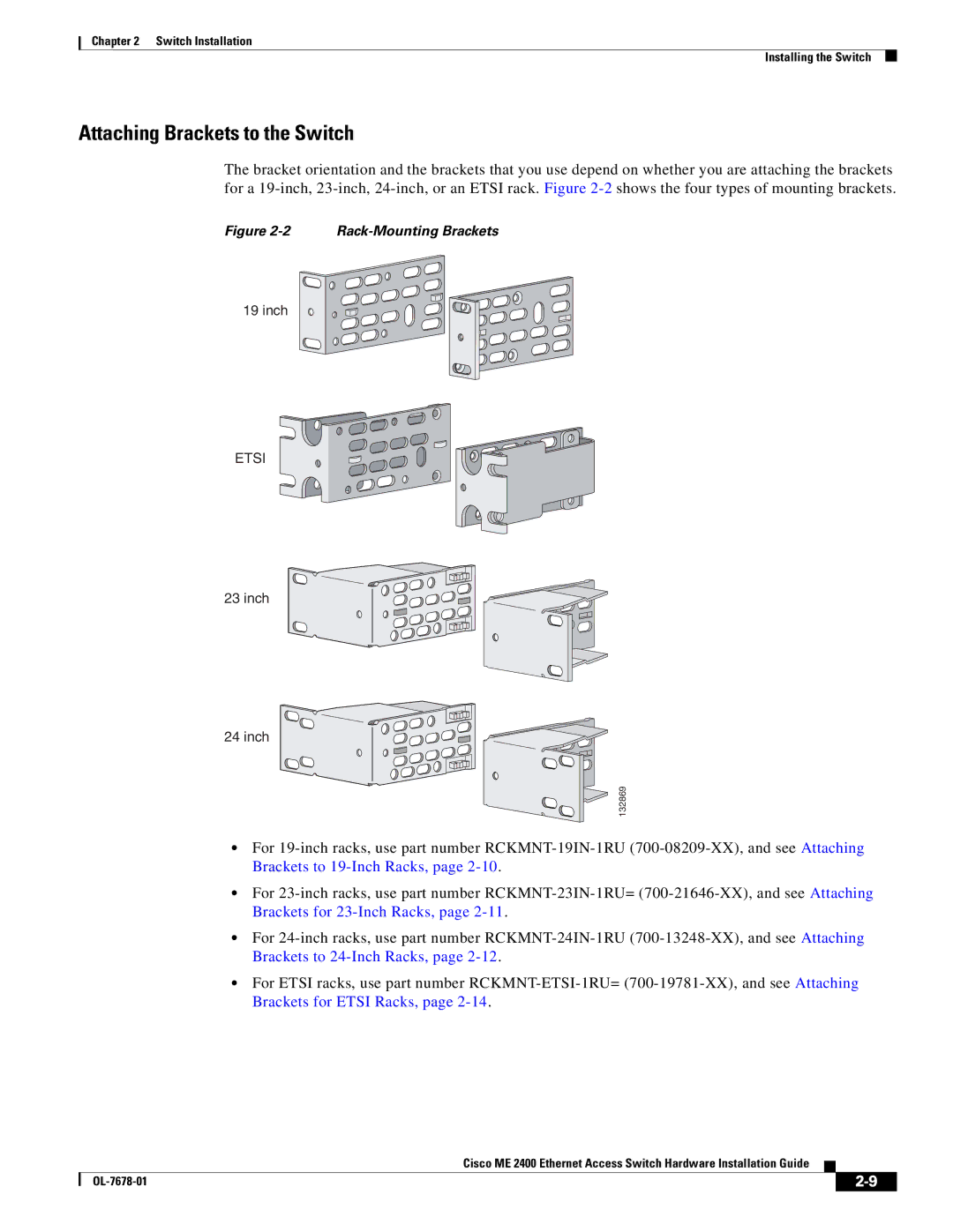 Cisco Systems ME 2400 manual Attaching Brackets to the Switch, Rack-Mounting Brackets 