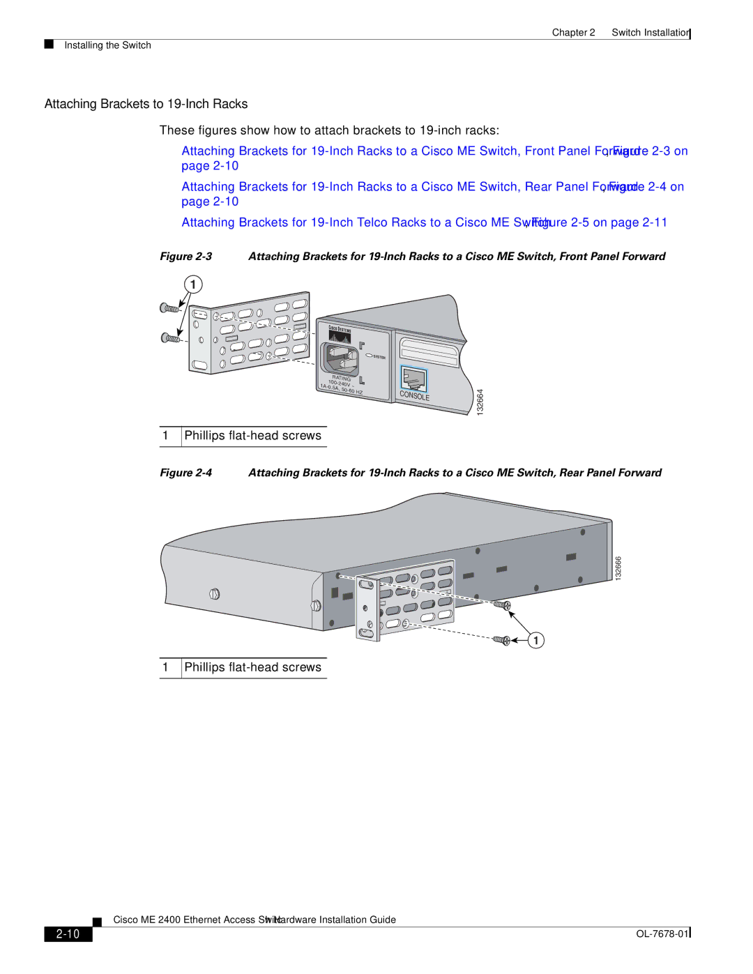 Cisco Systems ME 2400 manual Attaching Brackets to 19-Inch Racks 