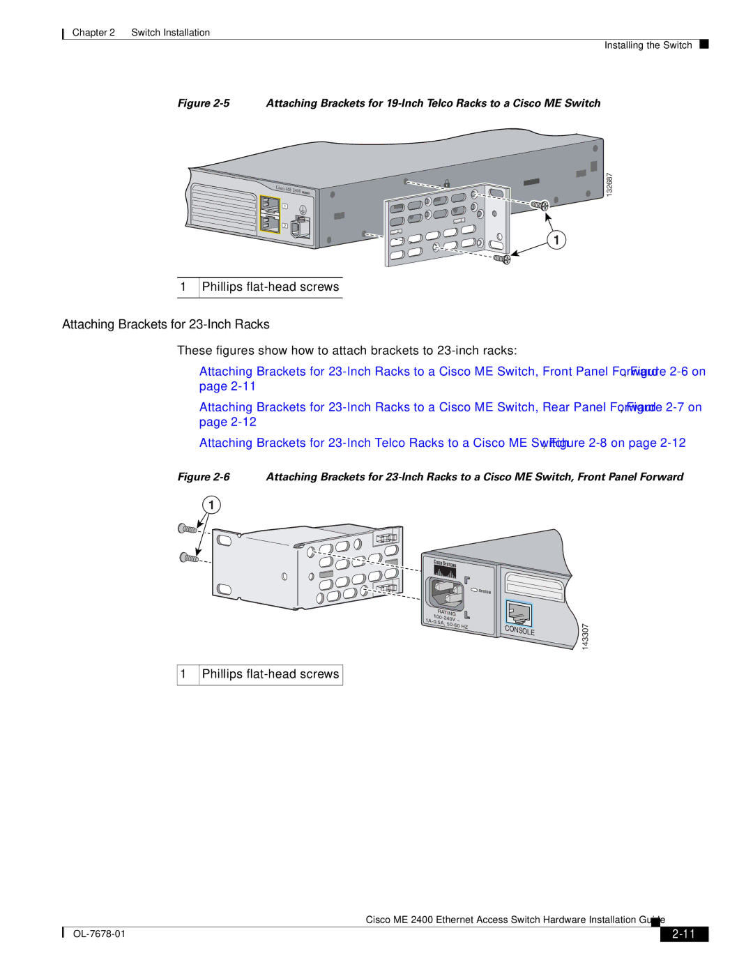 Cisco Systems ME 2400 manual Attaching Brackets for 23-Inch Racks 