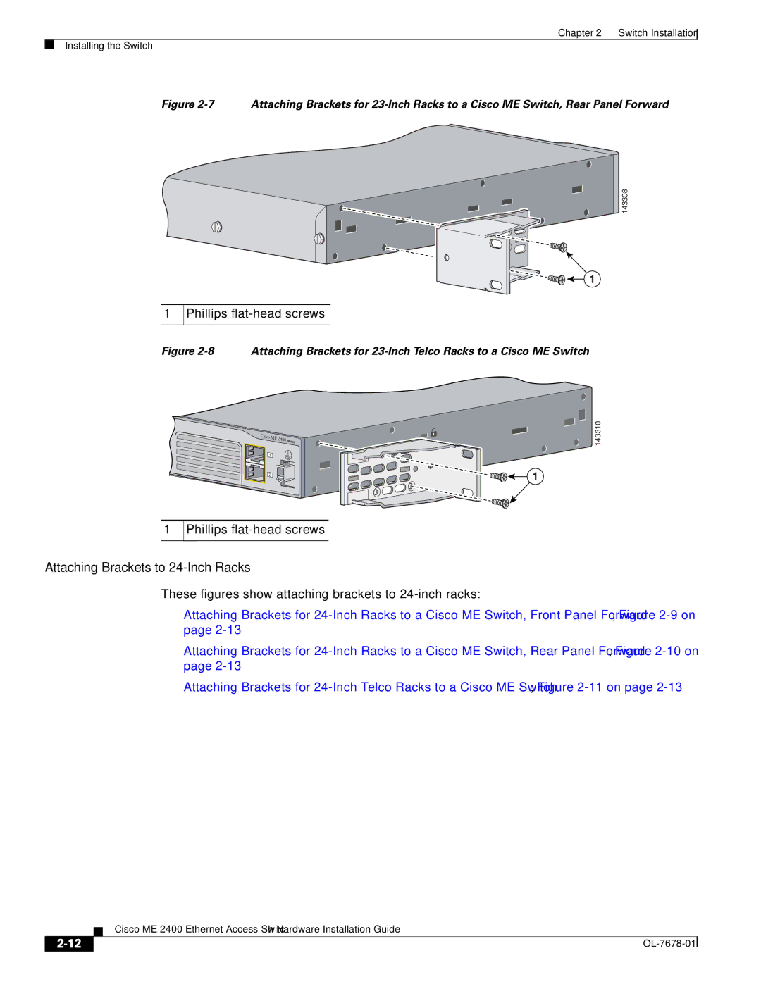 Cisco Systems ME 2400 manual Attaching Brackets to 24-Inch Racks 