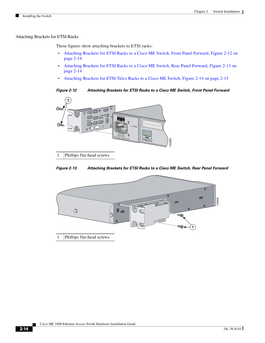 Cisco Systems ME 2400 manual Attaching Brackets for Etsi Racks 