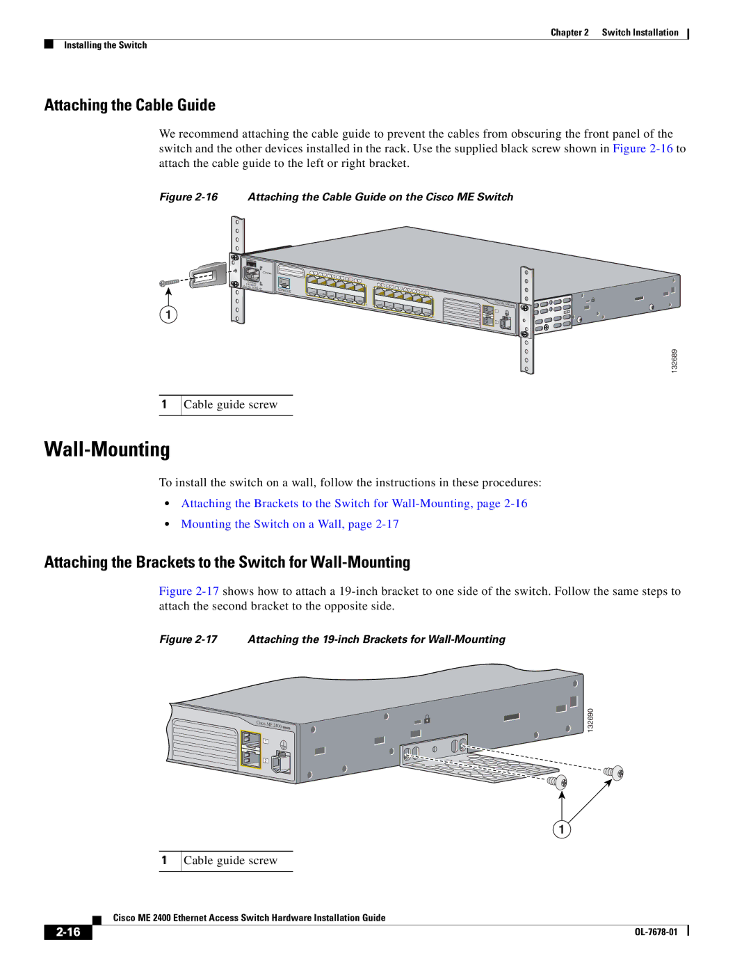 Cisco Systems ME 2400 manual Attaching the Cable Guide, Attaching the Brackets to the Switch for Wall-Mounting 
