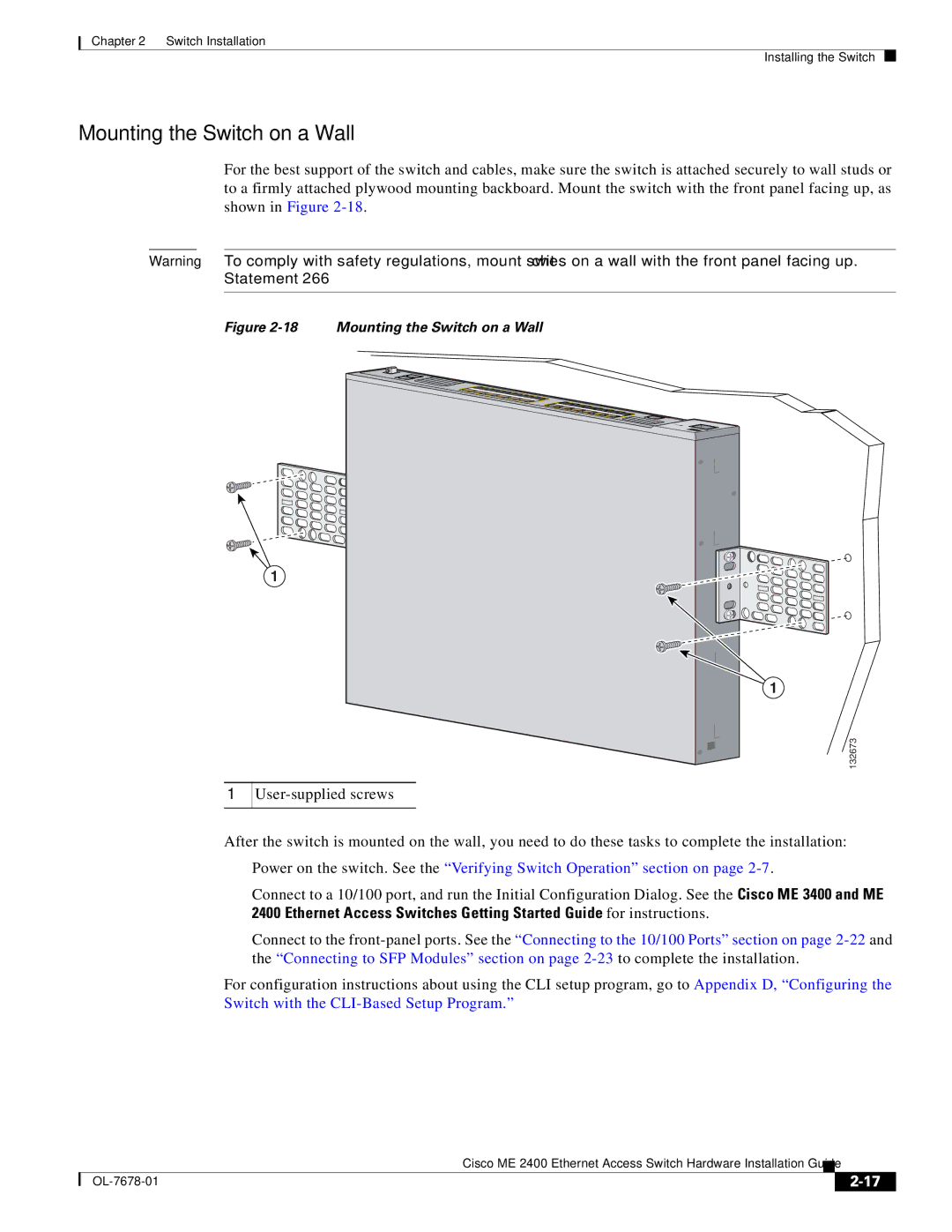 Cisco Systems ME 2400 manual Mounting the Switch on a Wall 