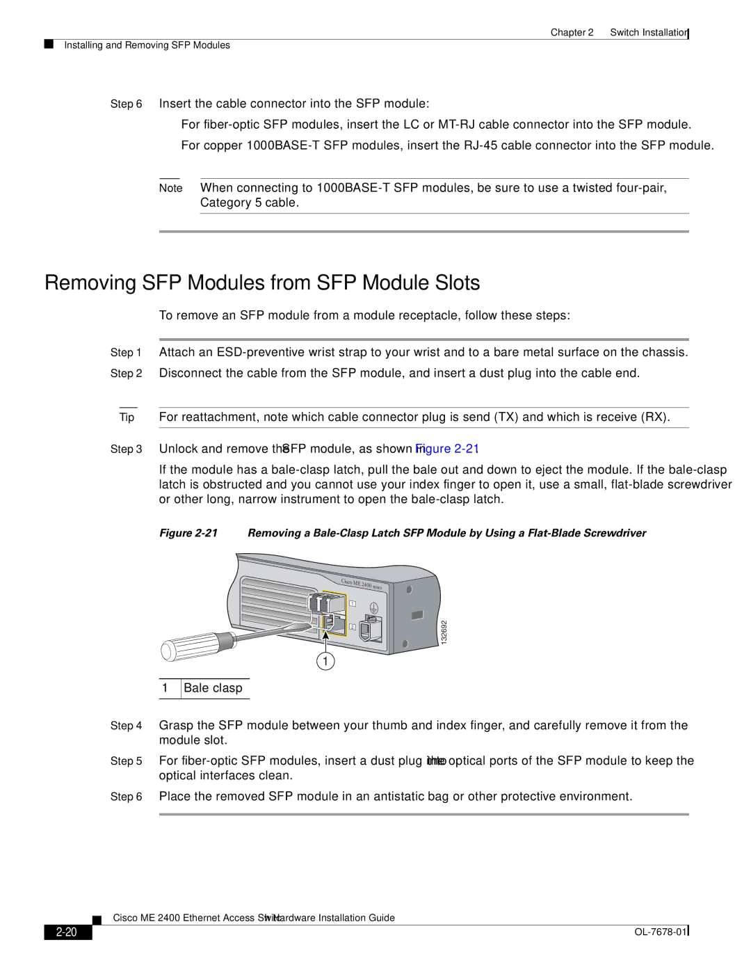 Cisco Systems ME 2400 manual Removing SFP Modules from SFP Module Slots 