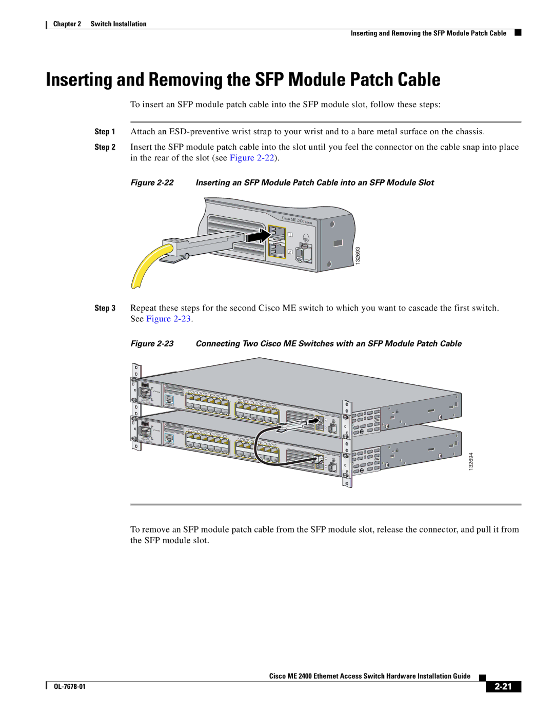 Cisco Systems ME 2400 manual Inserting and Removing the SFP Module Patch Cable 