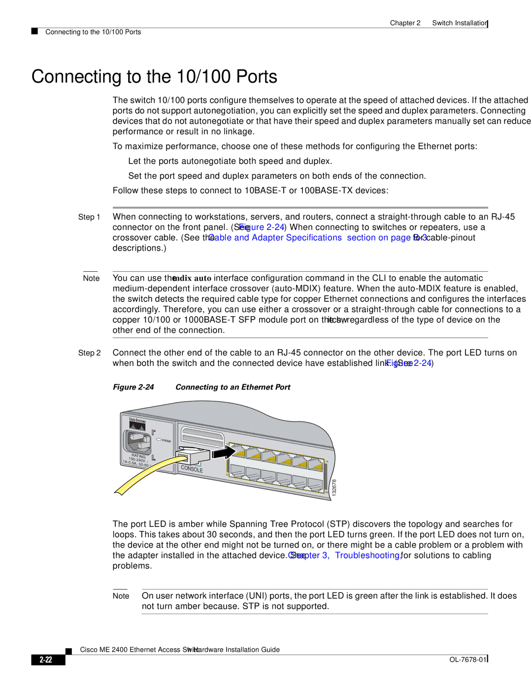 Cisco Systems ME 2400 manual Connecting to the 10/100 Ports, Connecting to an Ethernet Port 