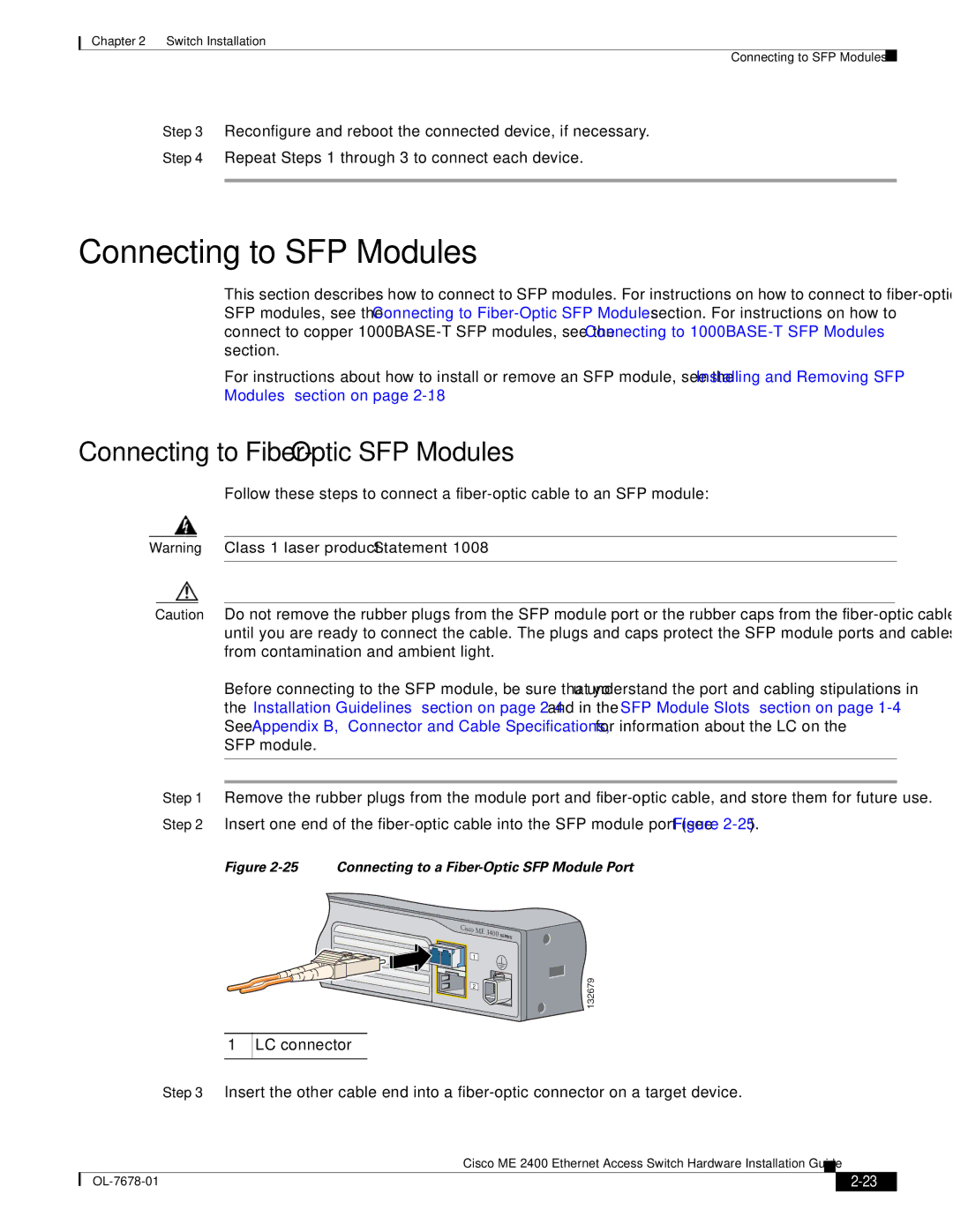 Cisco Systems ME 2400 manual Connecting to SFP Modules, Connecting to Fiber-Optic SFP Modules 