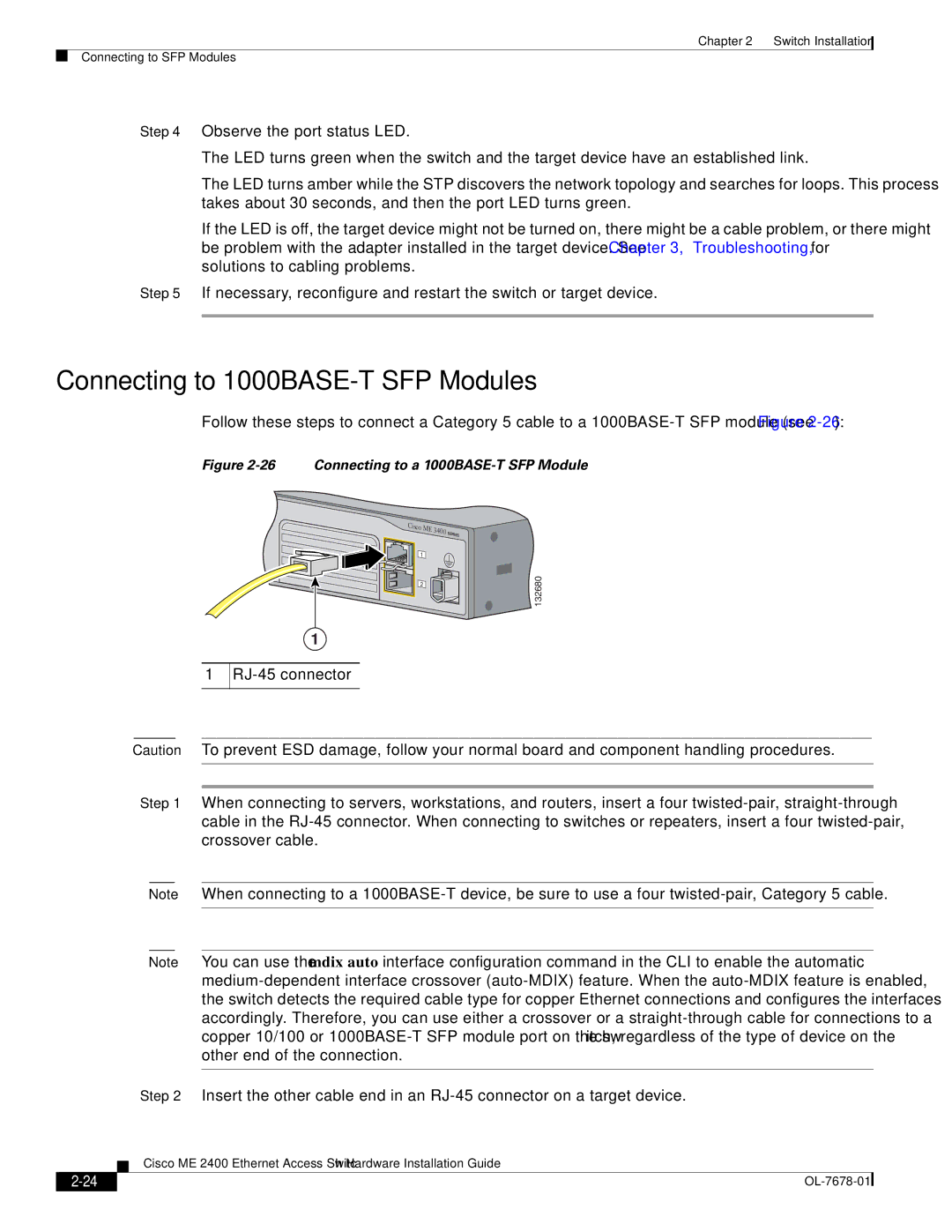 Cisco Systems ME 2400 manual Connecting to 1000BASE-T SFP Modules, Connecting to a 1000BASE-T SFP Module 