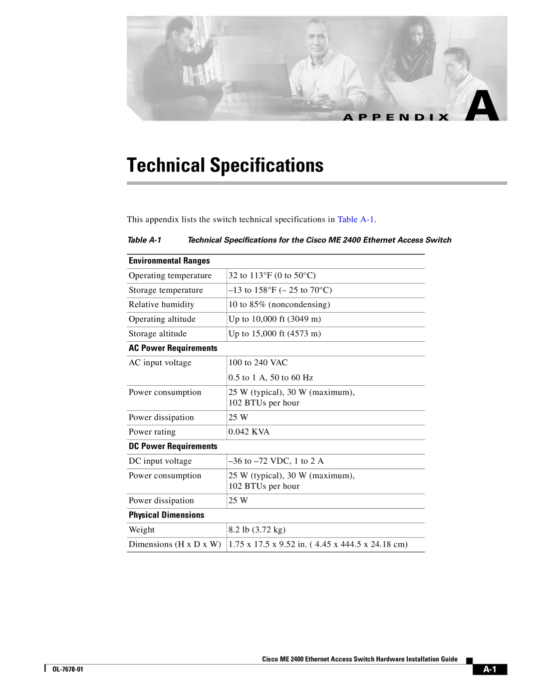 Cisco Systems ME 2400 manual Technical Specifications 