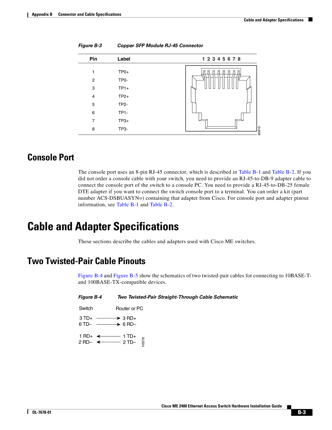 Cisco Systems ME 2400 manual Cable and Adapter Specifications, Two Twisted-Pair Cable Pinouts 