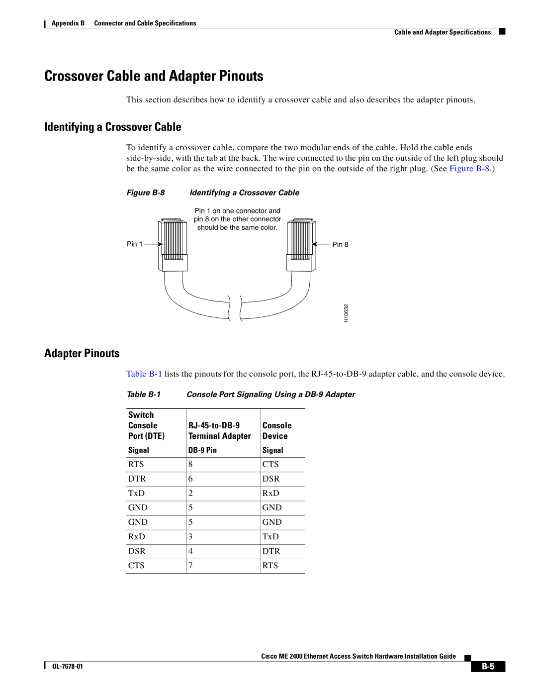 Cisco Systems ME 2400 manual Crossover Cable and Adapter Pinouts, Identifying a Crossover Cable 