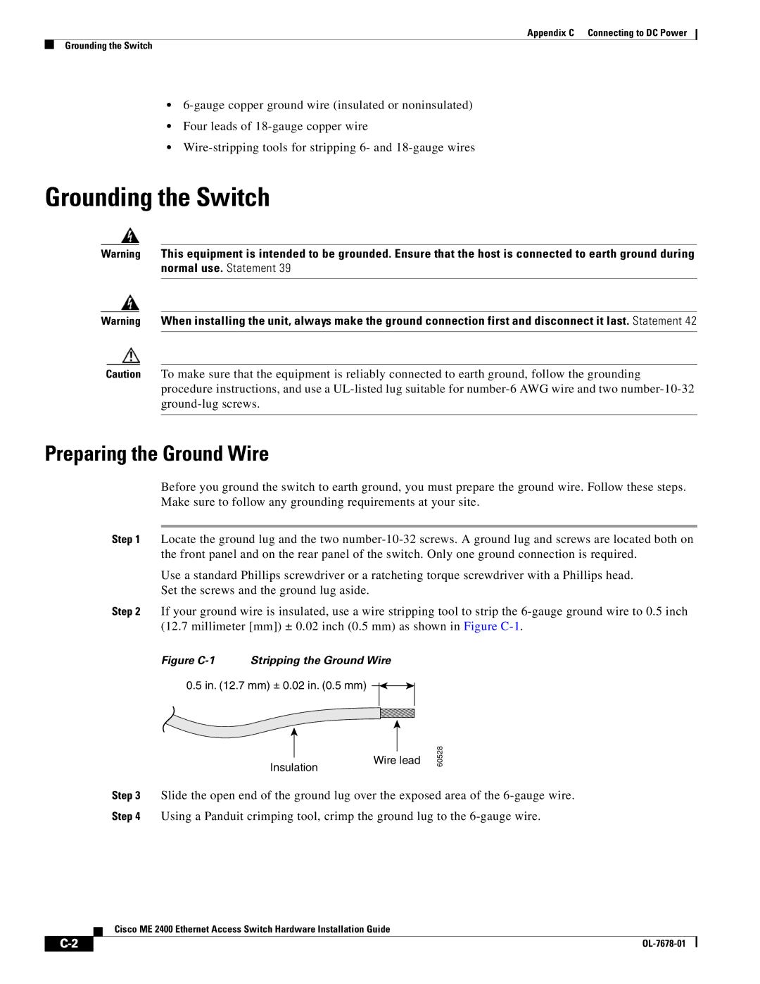 Cisco Systems ME 2400 manual Grounding the Switch, Preparing the Ground Wire 