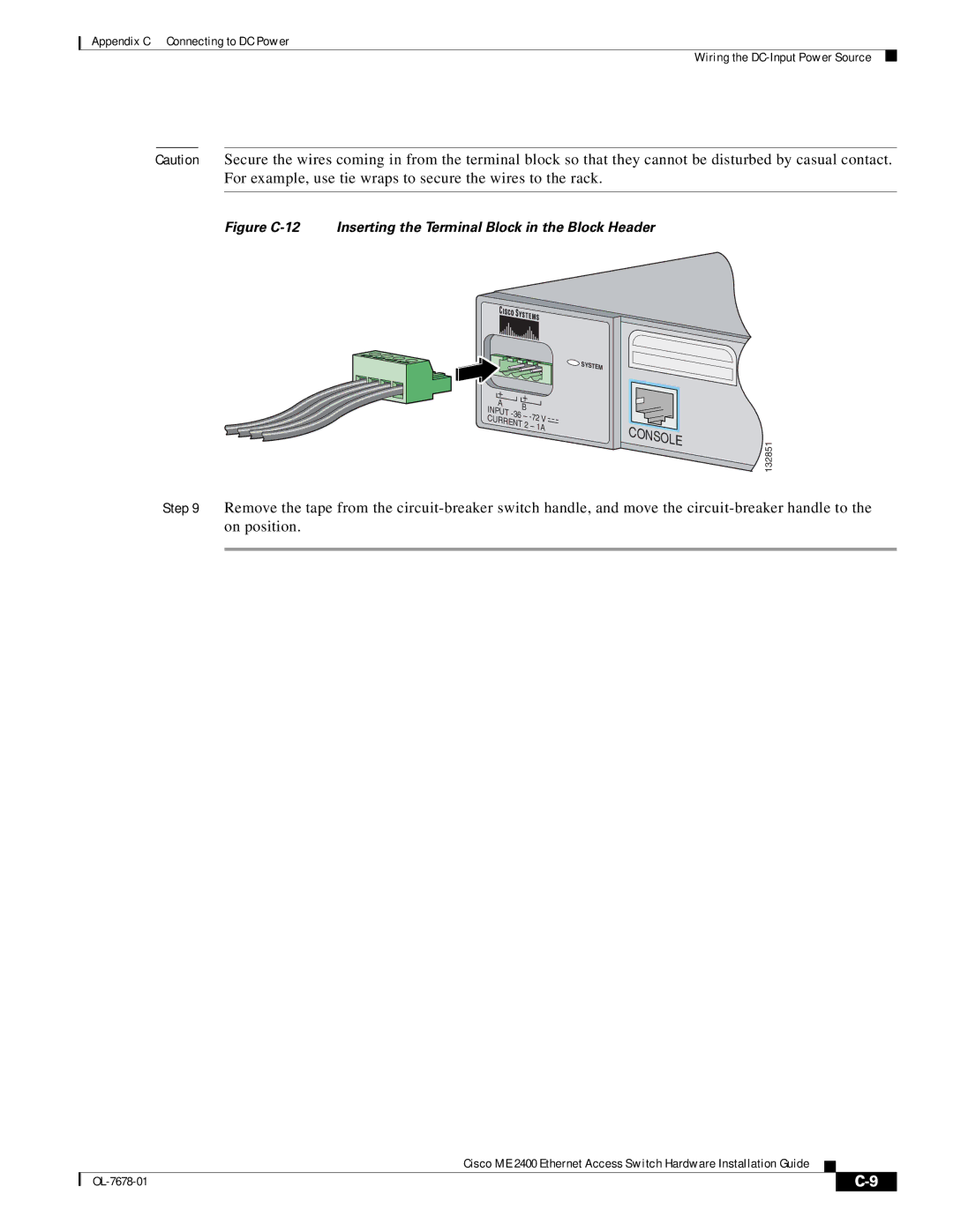 Cisco Systems ME 2400 manual Figure C-12 Inserting the Terminal Block in the Block Header 