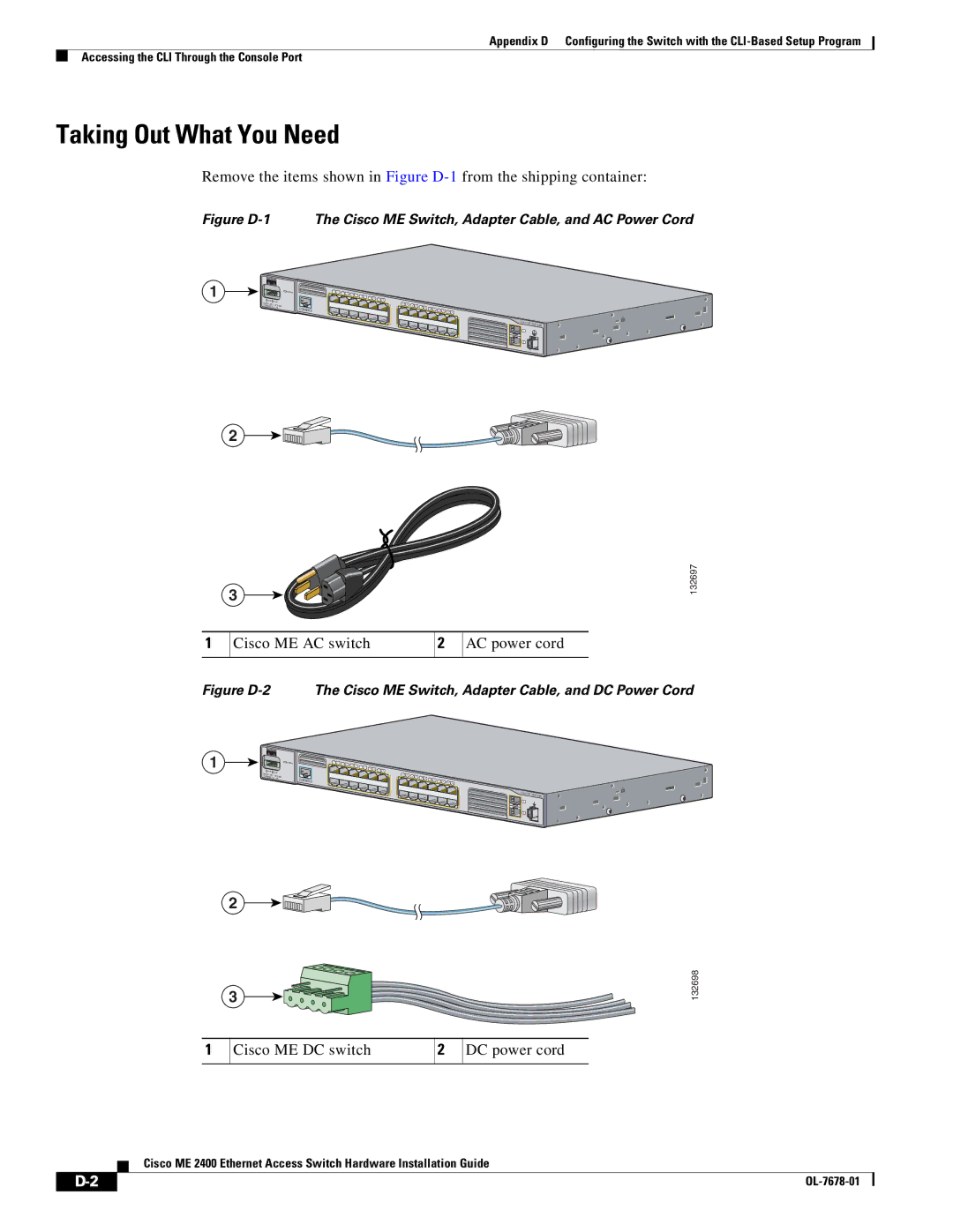 Cisco Systems ME 2400 manual Taking Out What You Need, Cisco ME DC switch DC power cord 