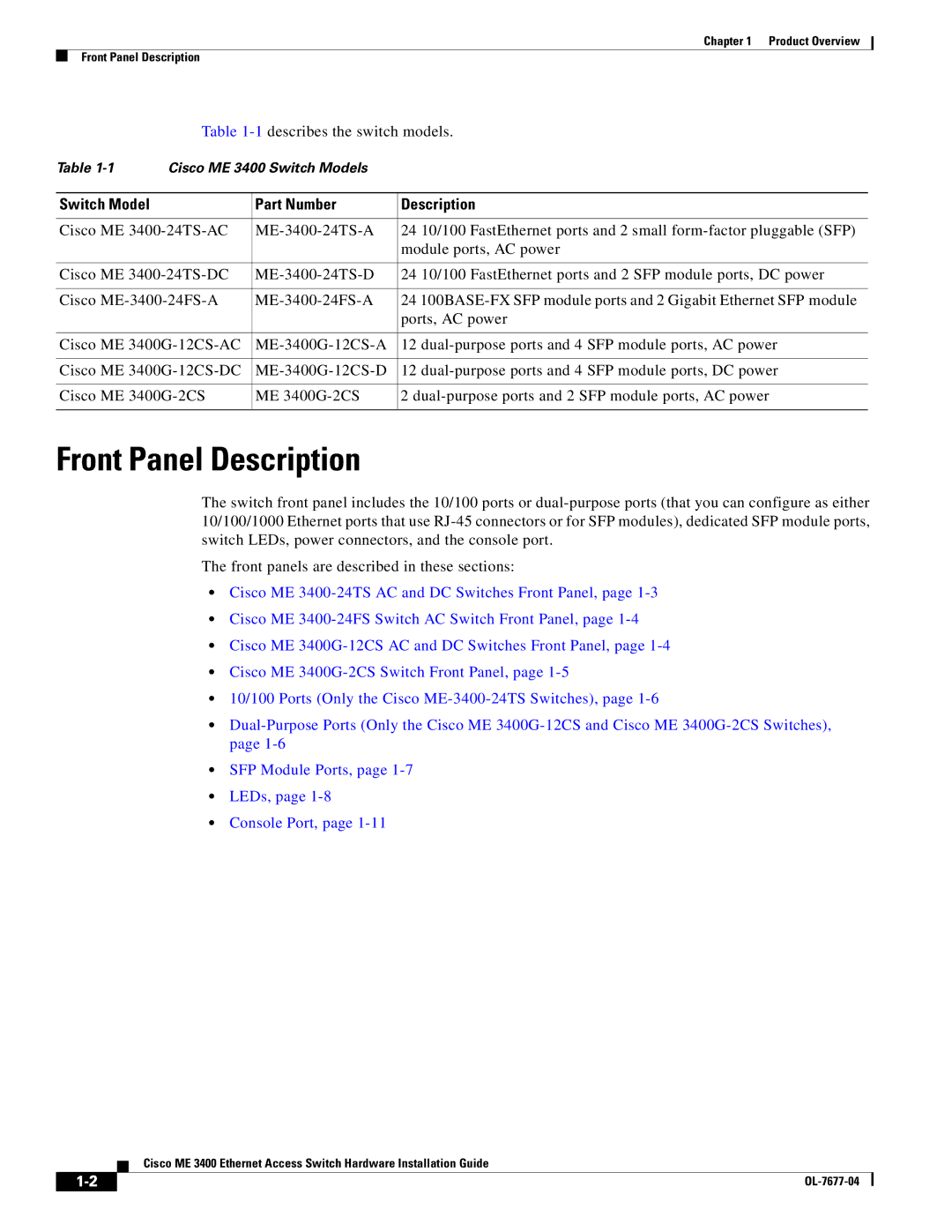 Cisco Systems ME 3400 manual Front Panel Description, 1describes the switch models 