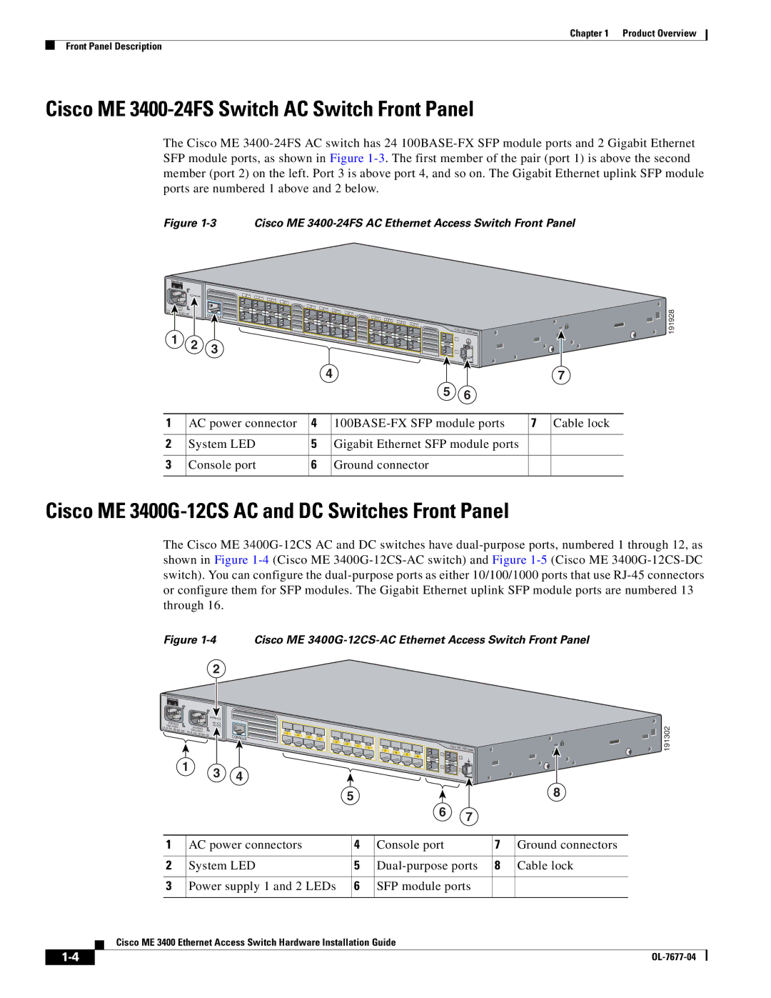 Cisco Systems manual Cisco ME 3400-24FS Switch AC Switch Front Panel, Cisco ME 3400G-12CS AC and DC Switches Front Panel 