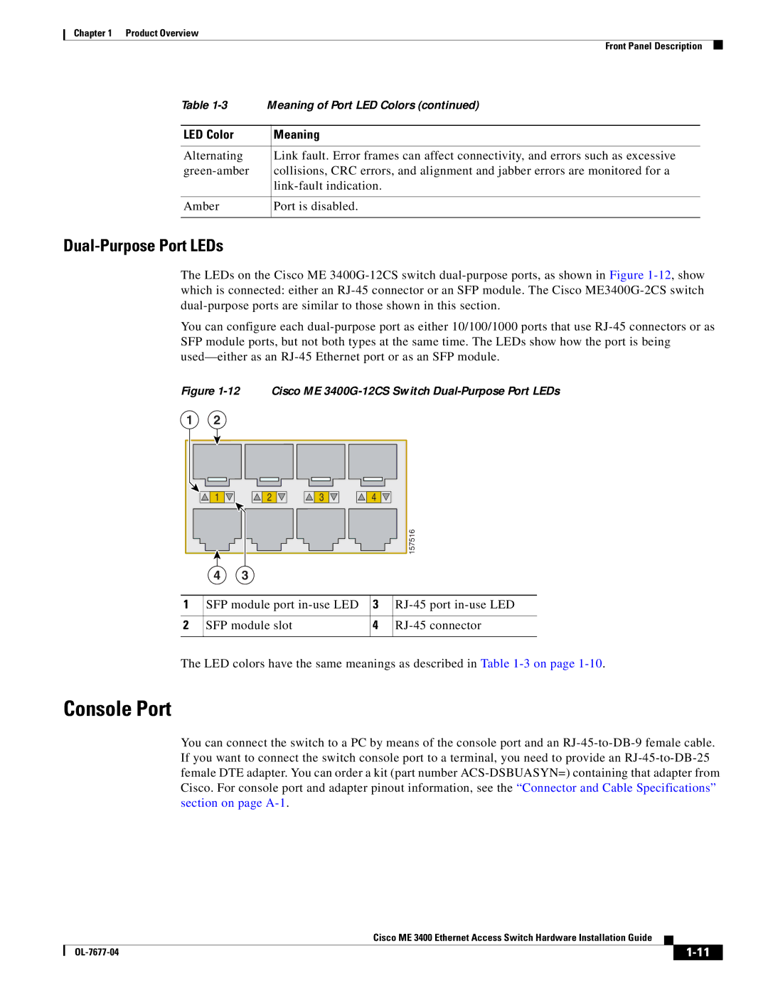 Cisco Systems ME 3400 manual Console Port, Dual-Purpose Port LEDs 