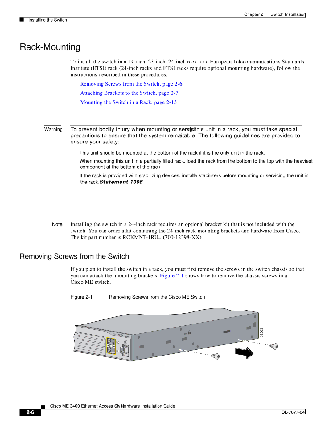 Cisco Systems ME 3400 manual Rack-Mounting, Removing Screws from the Switch 