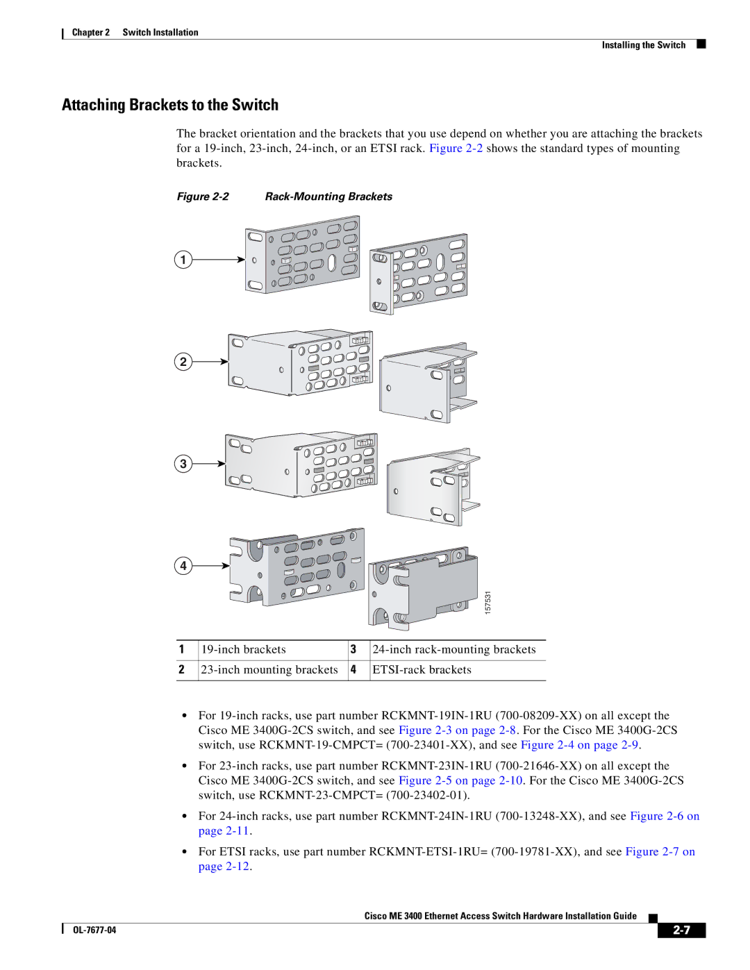 Cisco Systems ME 3400 manual Attaching Brackets to the Switch, Rack-Mounting Brackets 