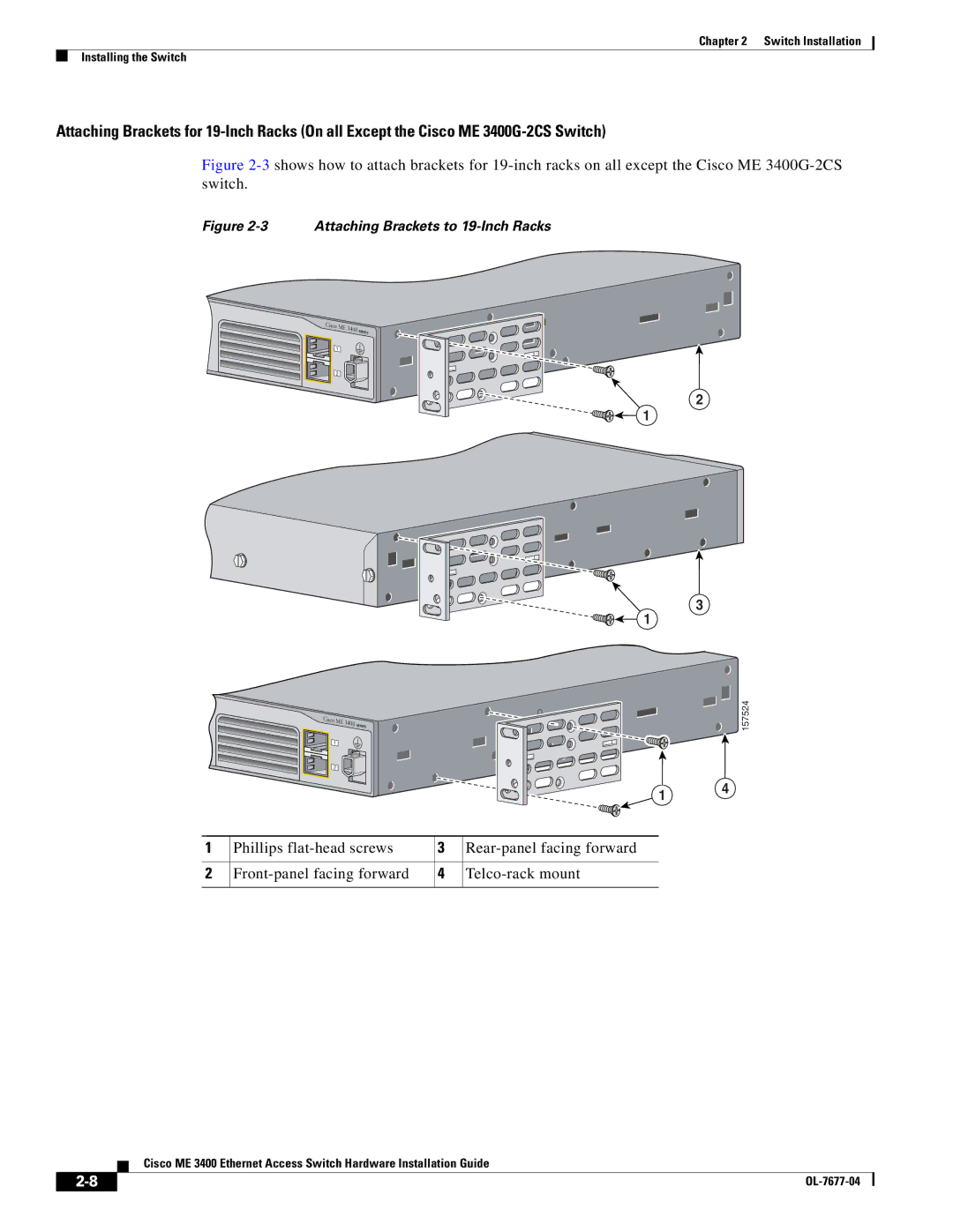 Cisco Systems ME 3400 manual Attaching Brackets to 19-Inch Racks 