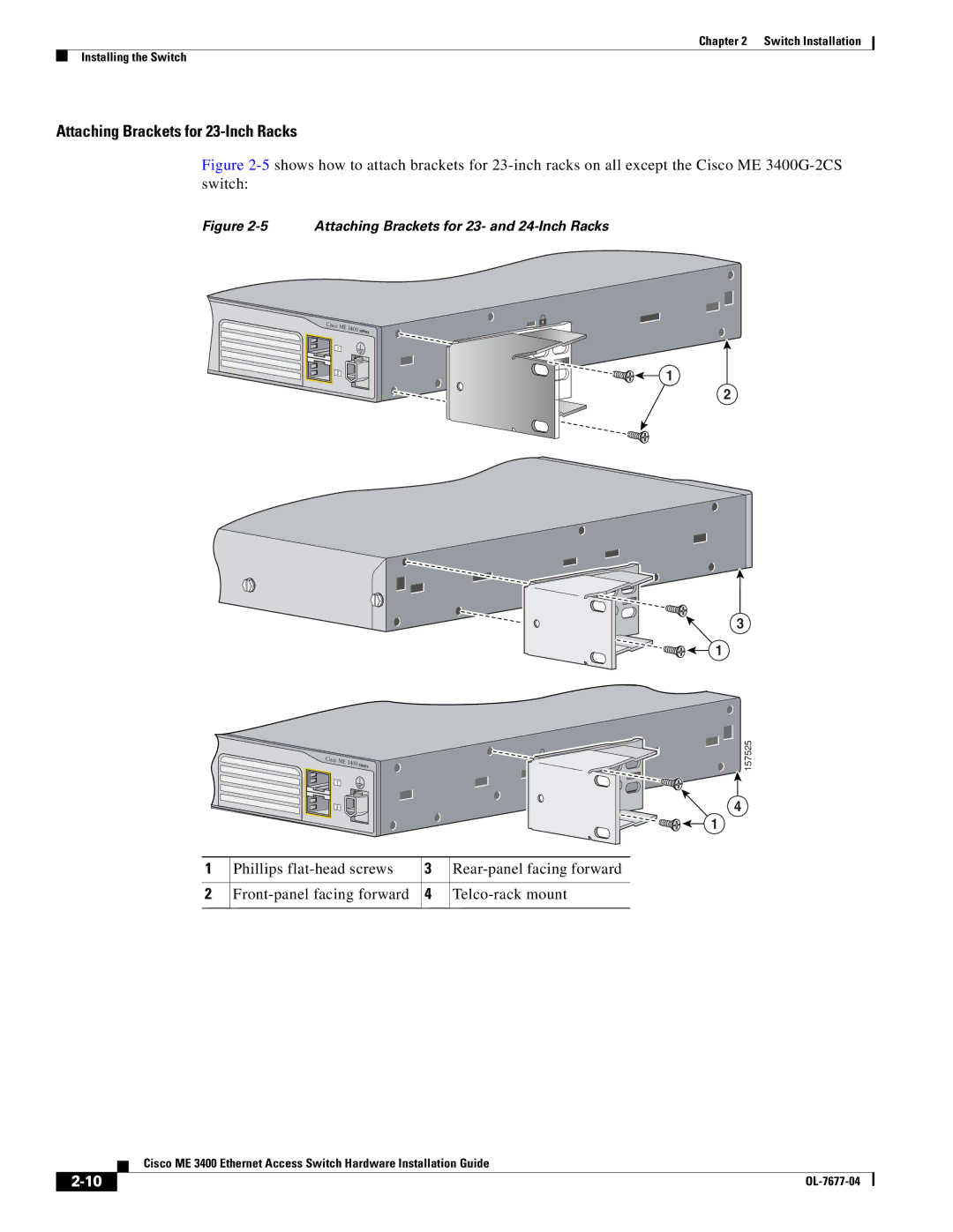 Cisco Systems ME 3400 manual Attaching Brackets for 23-Inch Racks 