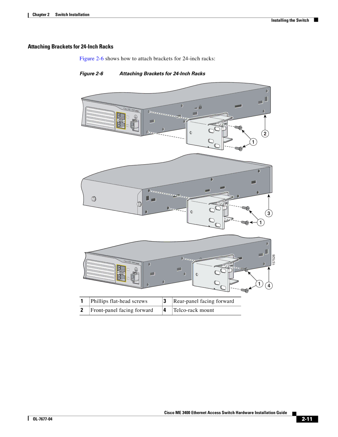 Cisco Systems ME 3400 manual Attaching Brackets for 24-Inch Racks 