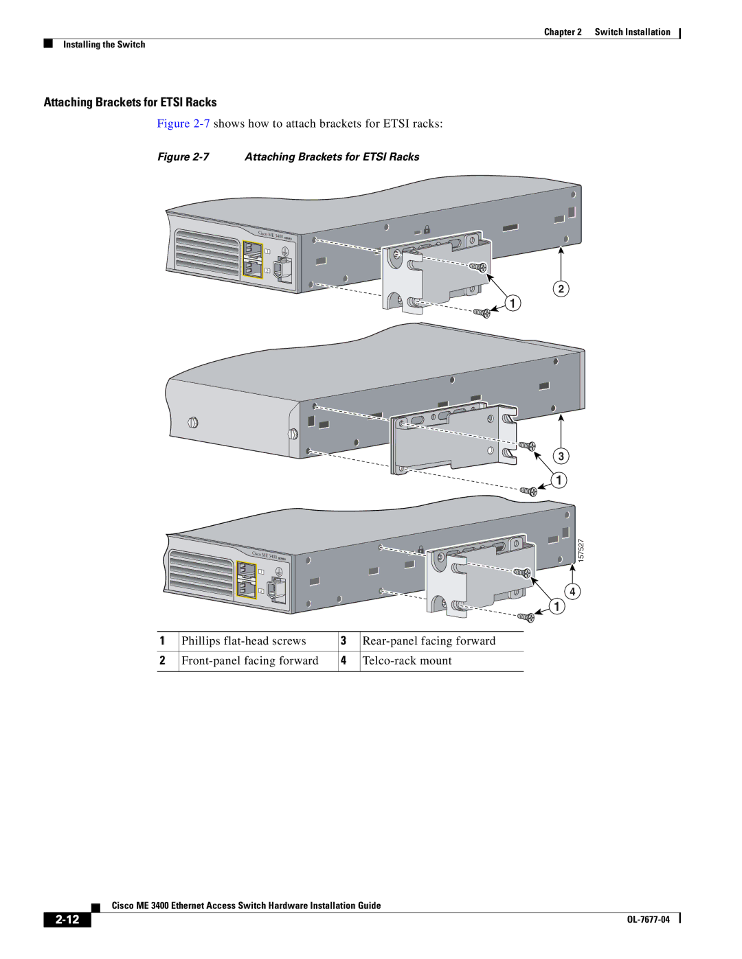 Cisco Systems ME 3400 manual Attaching Brackets for Etsi Racks 