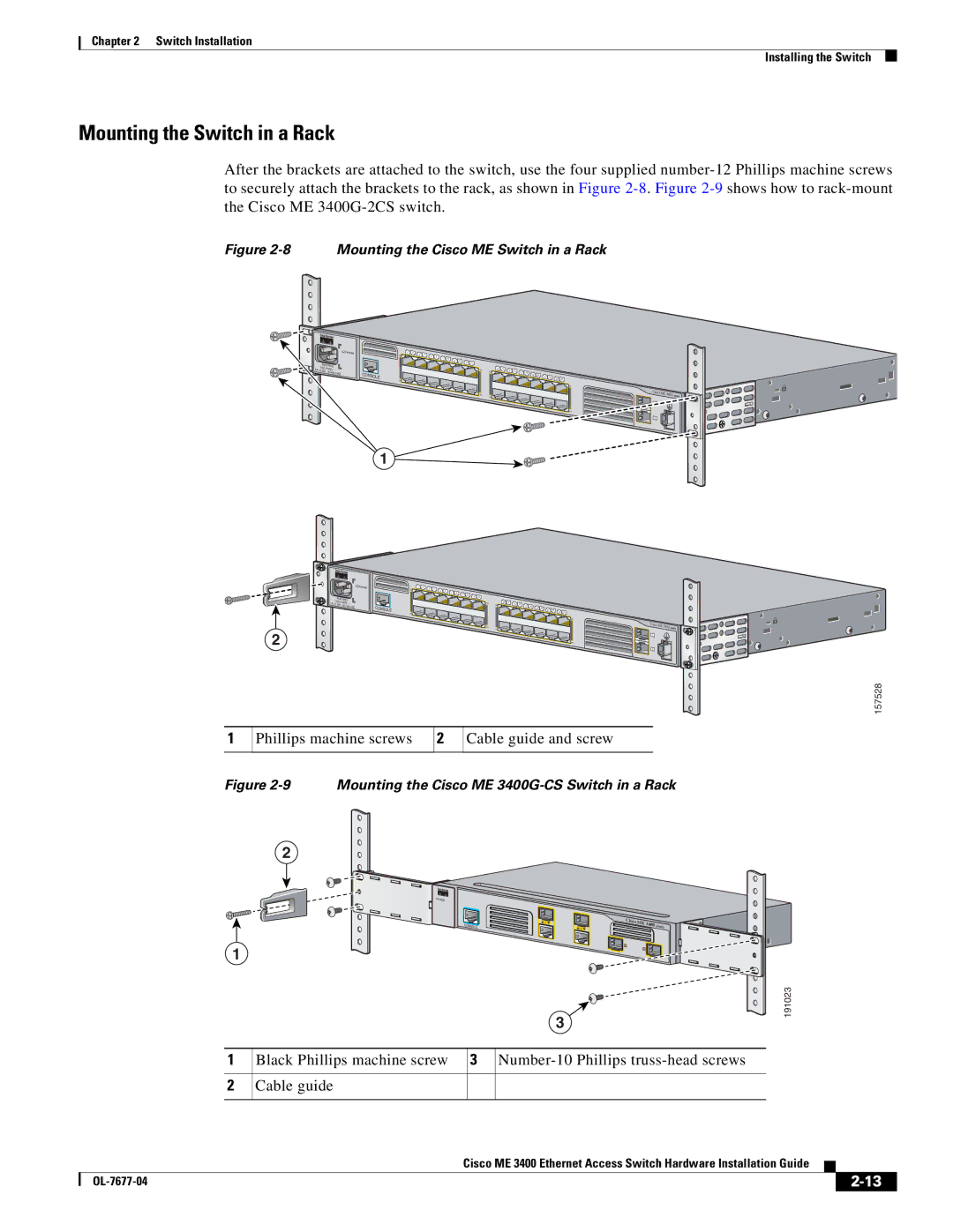 Cisco Systems ME 3400 manual Mounting the Switch in a Rack, Phillips machine screws Cable guide and screw 