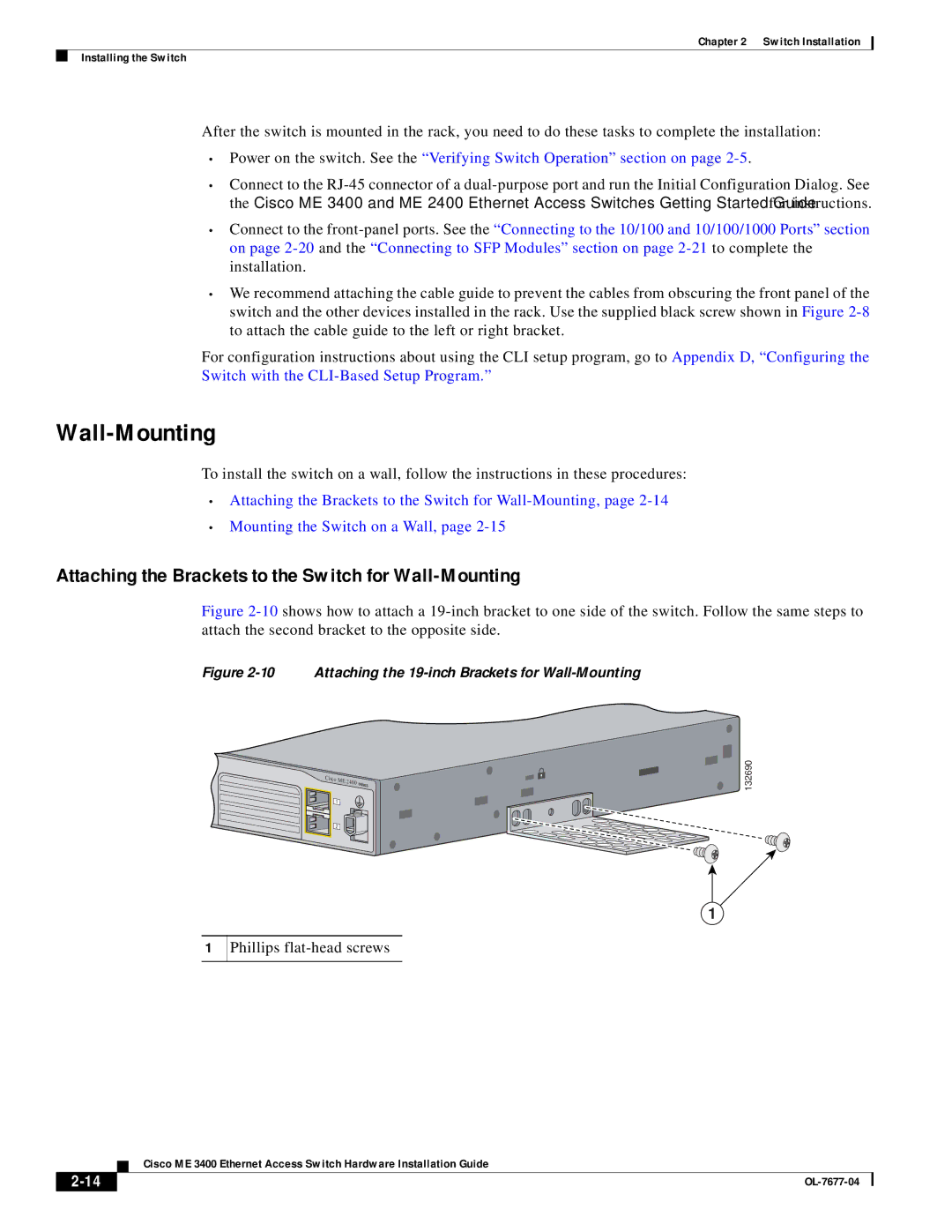 Cisco Systems ME 3400 manual Attaching the Brackets to the Switch for Wall-Mounting, Phillips flat-head screws 