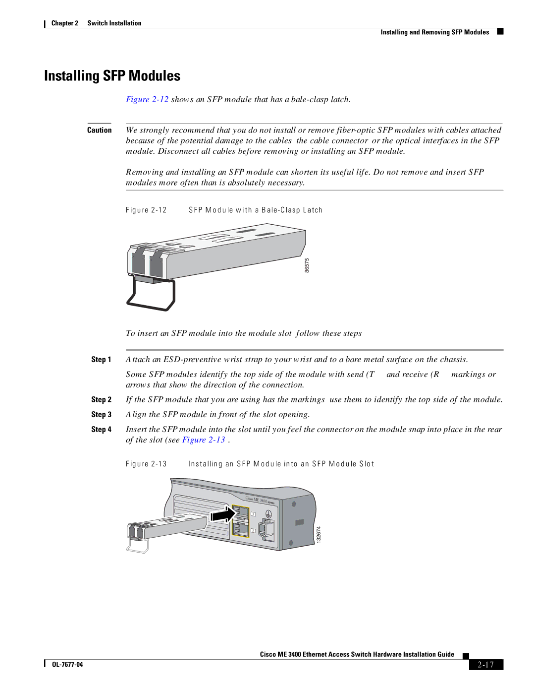 Cisco Systems ME 3400 manual Installing SFP Modules, SFP Module with a Bale-Clasp Latch 