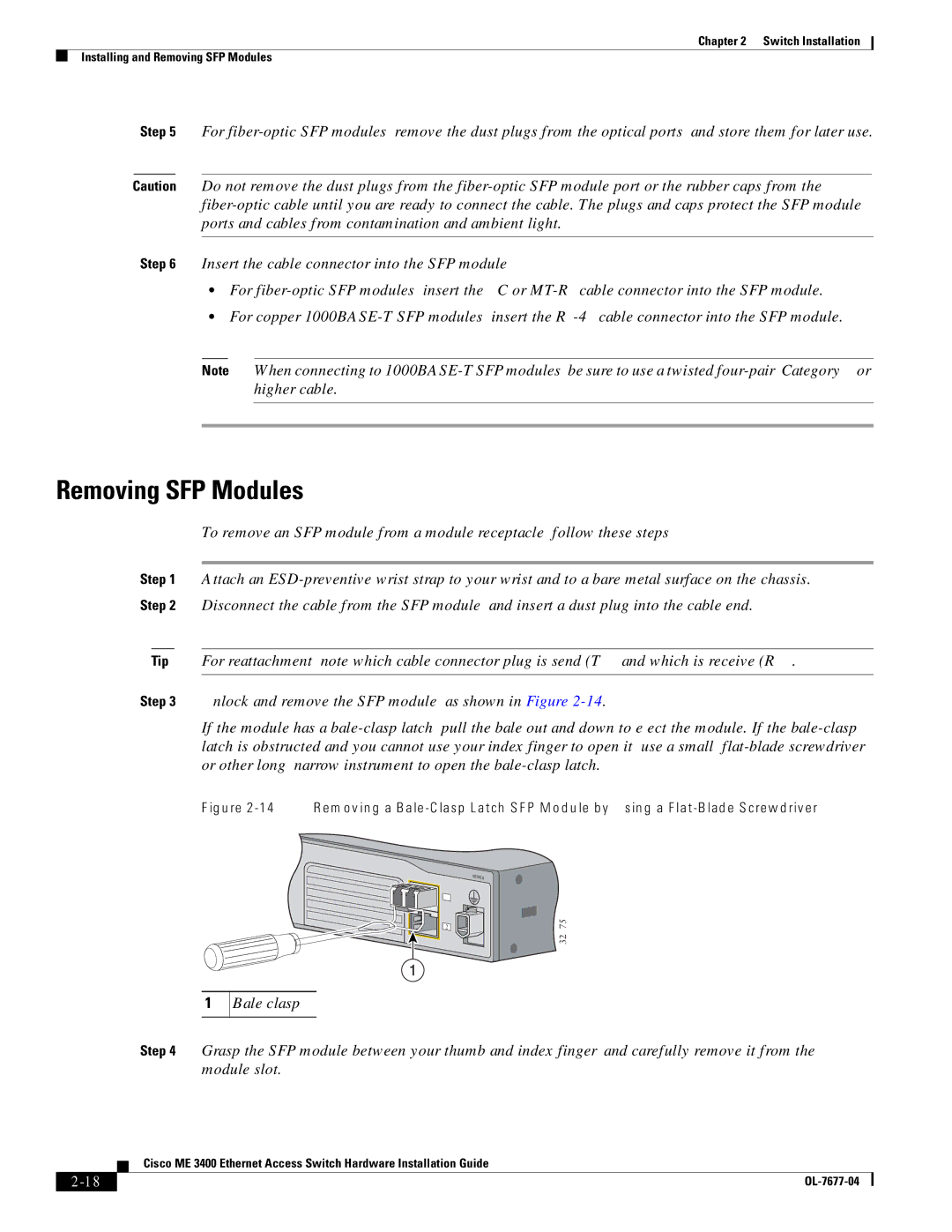 Cisco Systems ME 3400 manual Removing SFP Modules, Bale clasp 