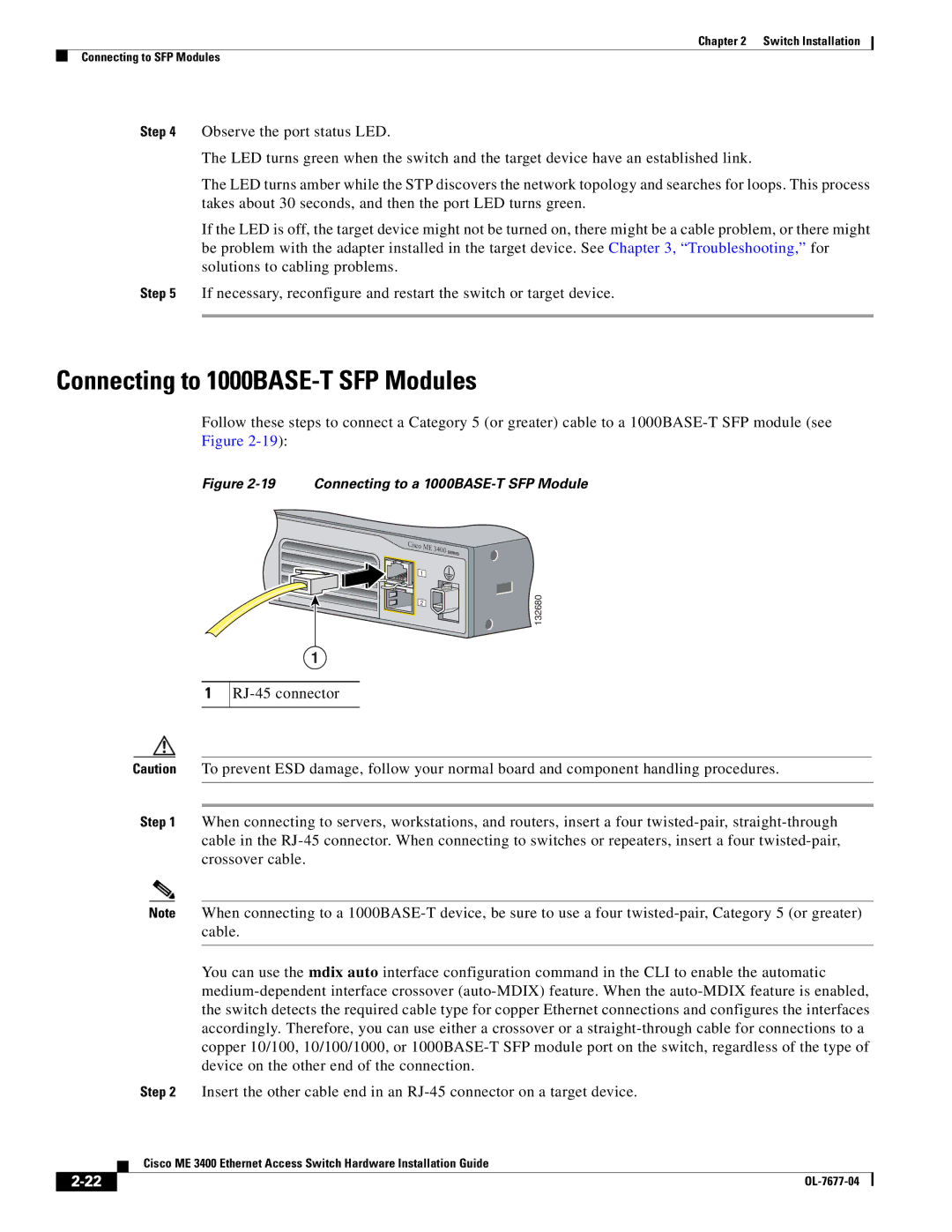 Cisco Systems ME 3400 manual Connecting to 1000BASE-T SFP Modules, Connecting to a 1000BASE-T SFP Module 