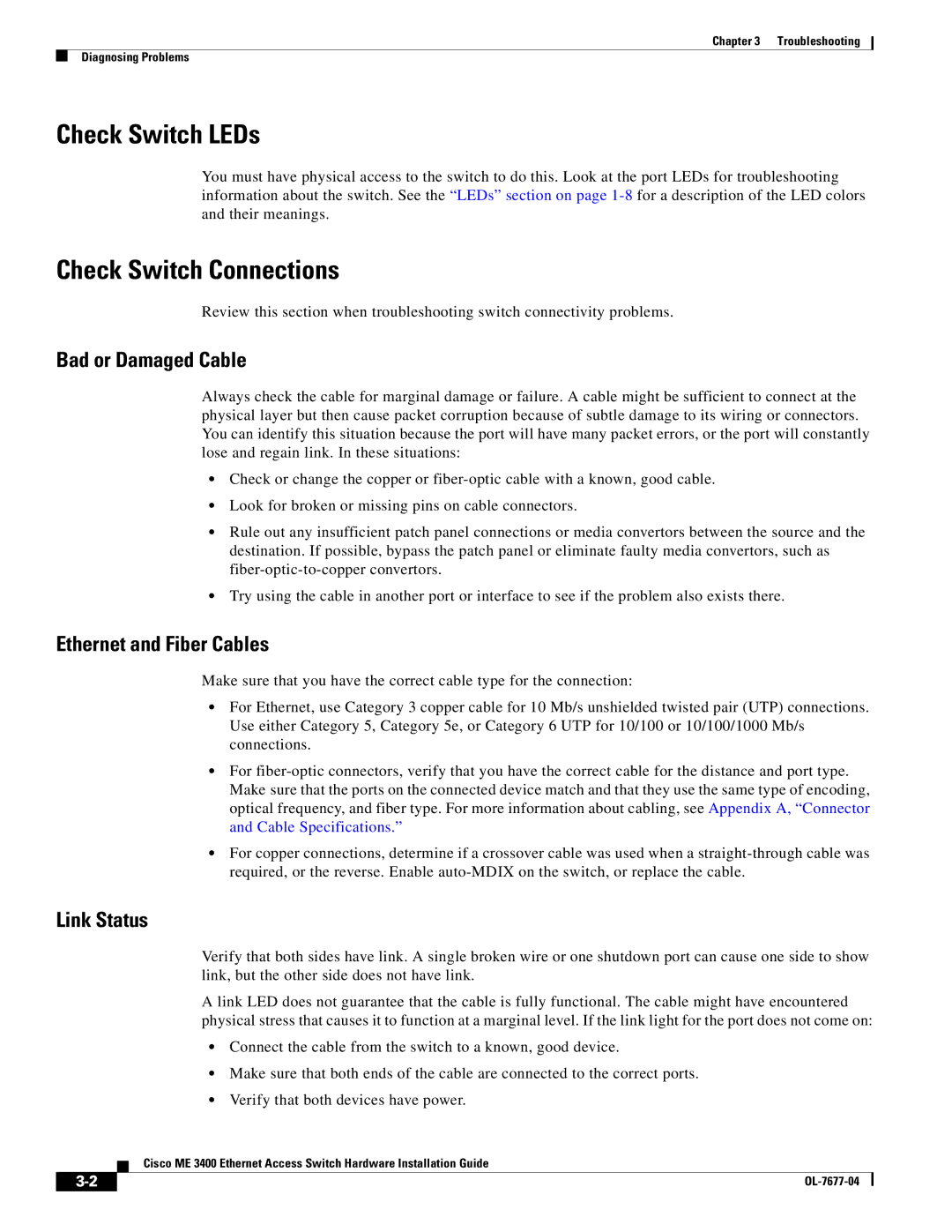 Cisco Systems ME 3400 manual Check Switch LEDs, Check Switch Connections, Bad or Damaged Cable, Ethernet and Fiber Cables 