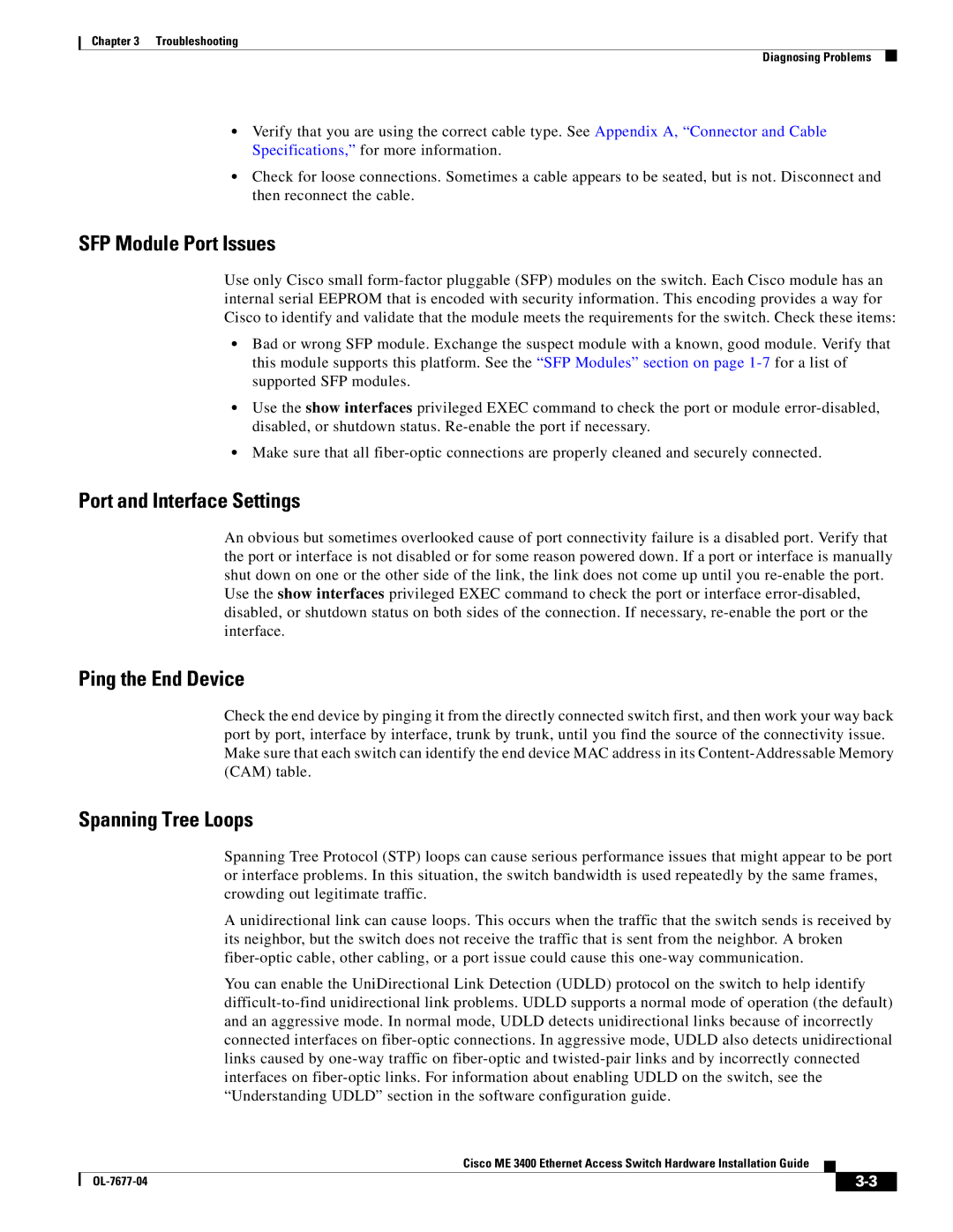 Cisco Systems ME 3400 manual SFP Module Port Issues, Port and Interface Settings, Ping the End Device, Spanning Tree Loops 